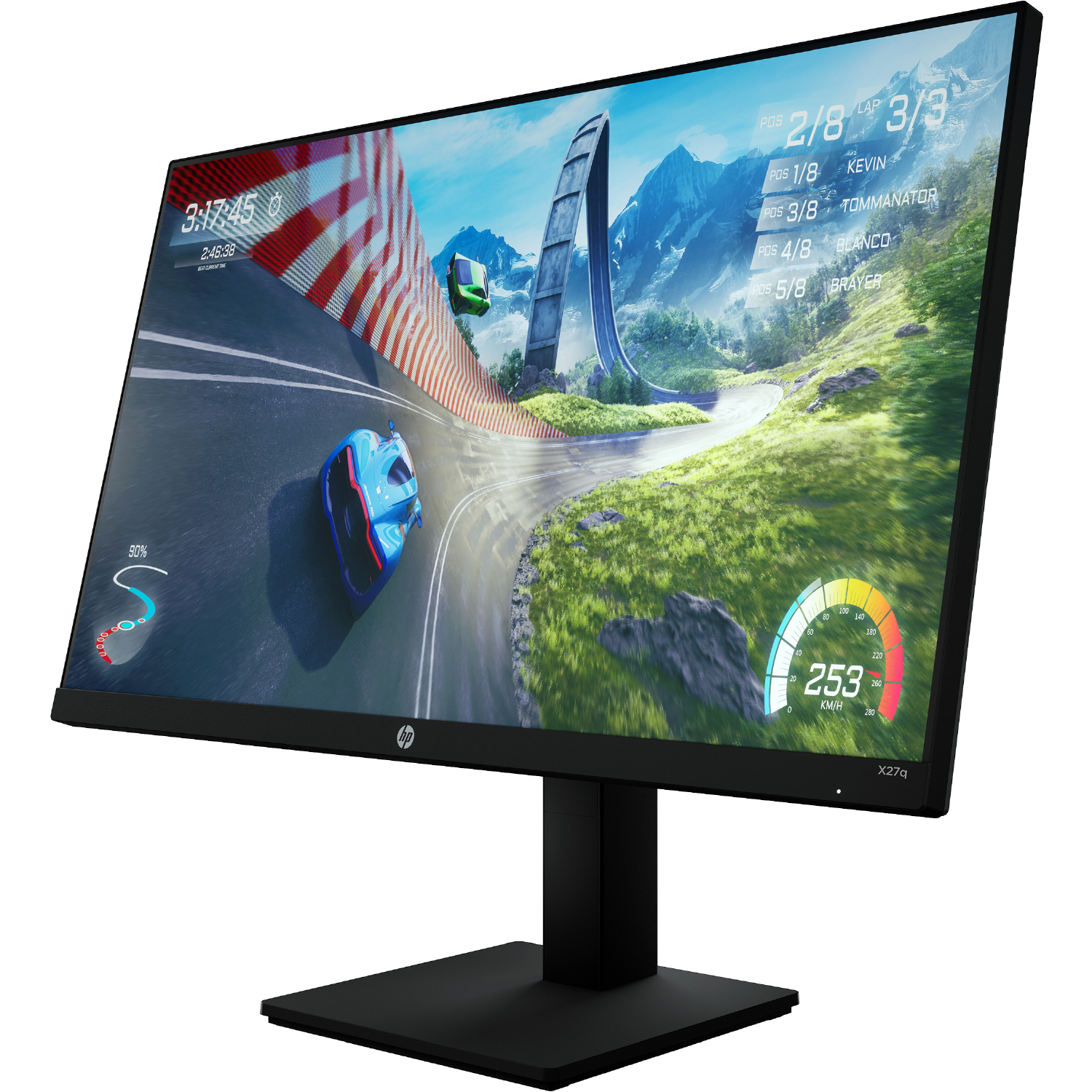 Monitor de computadora que muestra un juego de carreras con pista y autos.