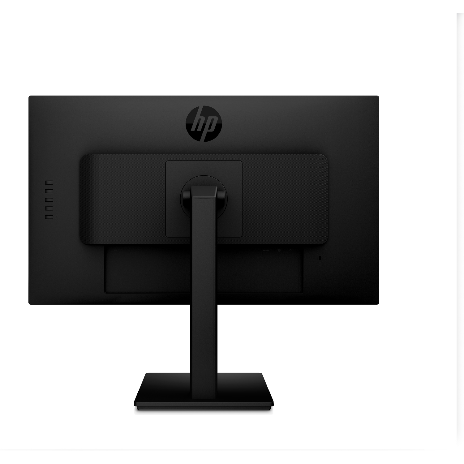 Vista trasera de un monitor HP negro, con soporte. El logotipo de HP es visible.