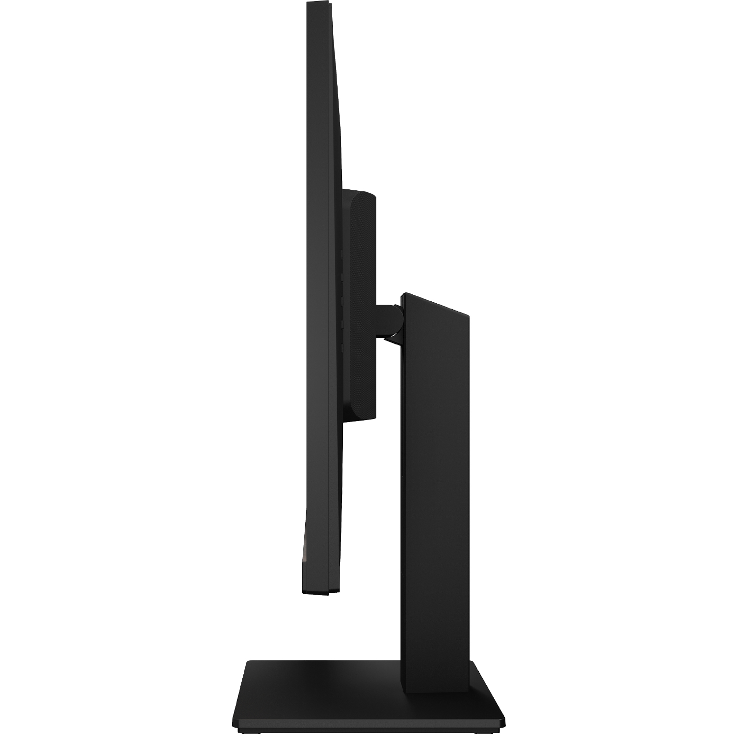 Monitor de computadora negro, perfil lateral mostrando soporte y pantalla.