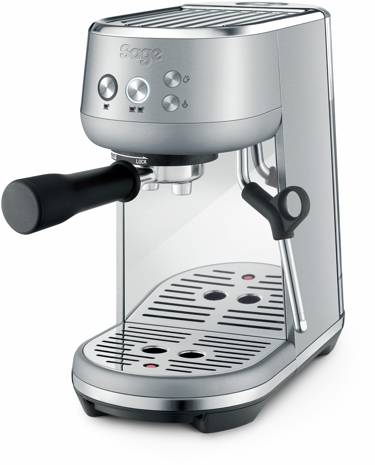 A silver espresso machine with black accents and a black portafilter. It's on a white background.