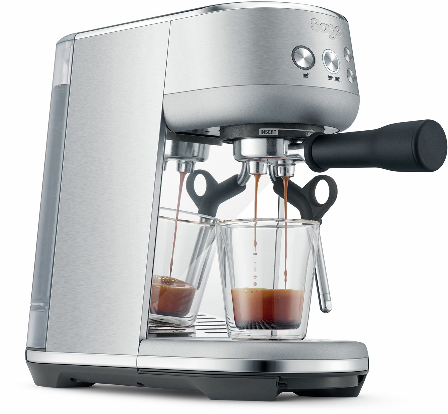 Silver espresso machine pouring coffee into two glass cups. White background.
