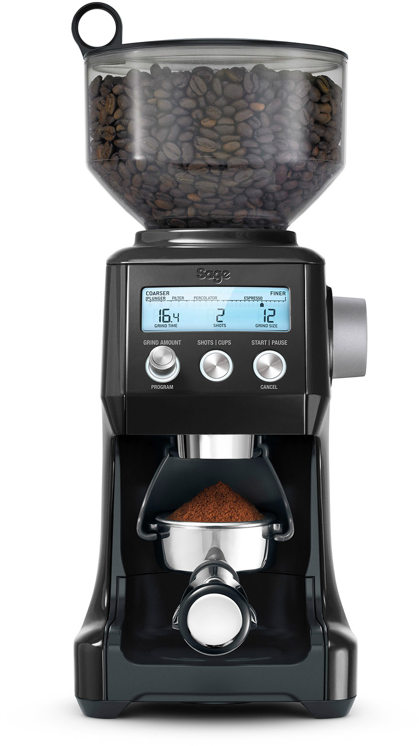 Black coffee grinder with beans in the top. Digital display shows settings. Silver cup holder.
