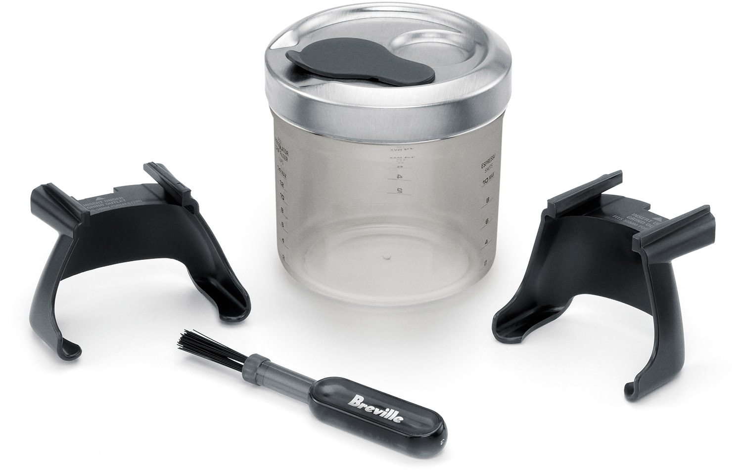 Clear container with a lid, black support brackets, and a cleaning brush. Breville brand.