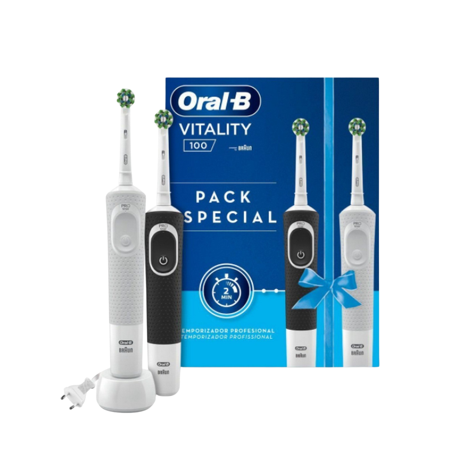 Tres cepillos de dientes eléctricos, dos negros y uno blanco, con una estación de carga y una caja.