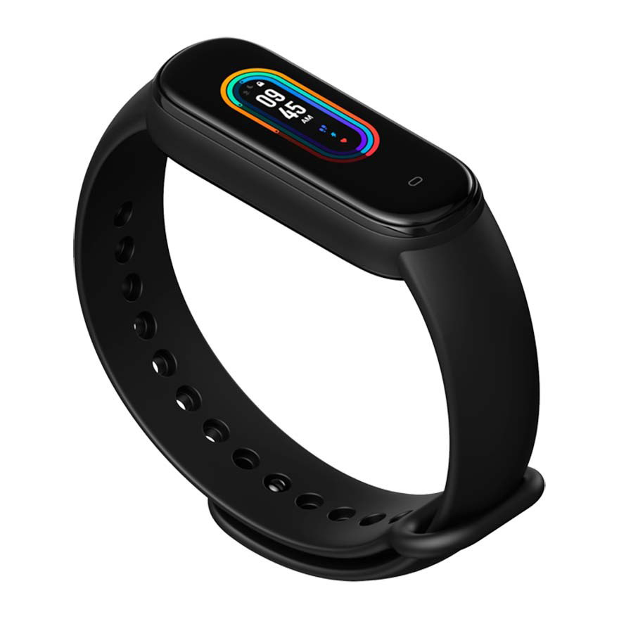 Fekete fitneszkövető. Időt és aktivitási adatokat jelenít meg színes képernyőn. Fekete szíj, ívelt design.