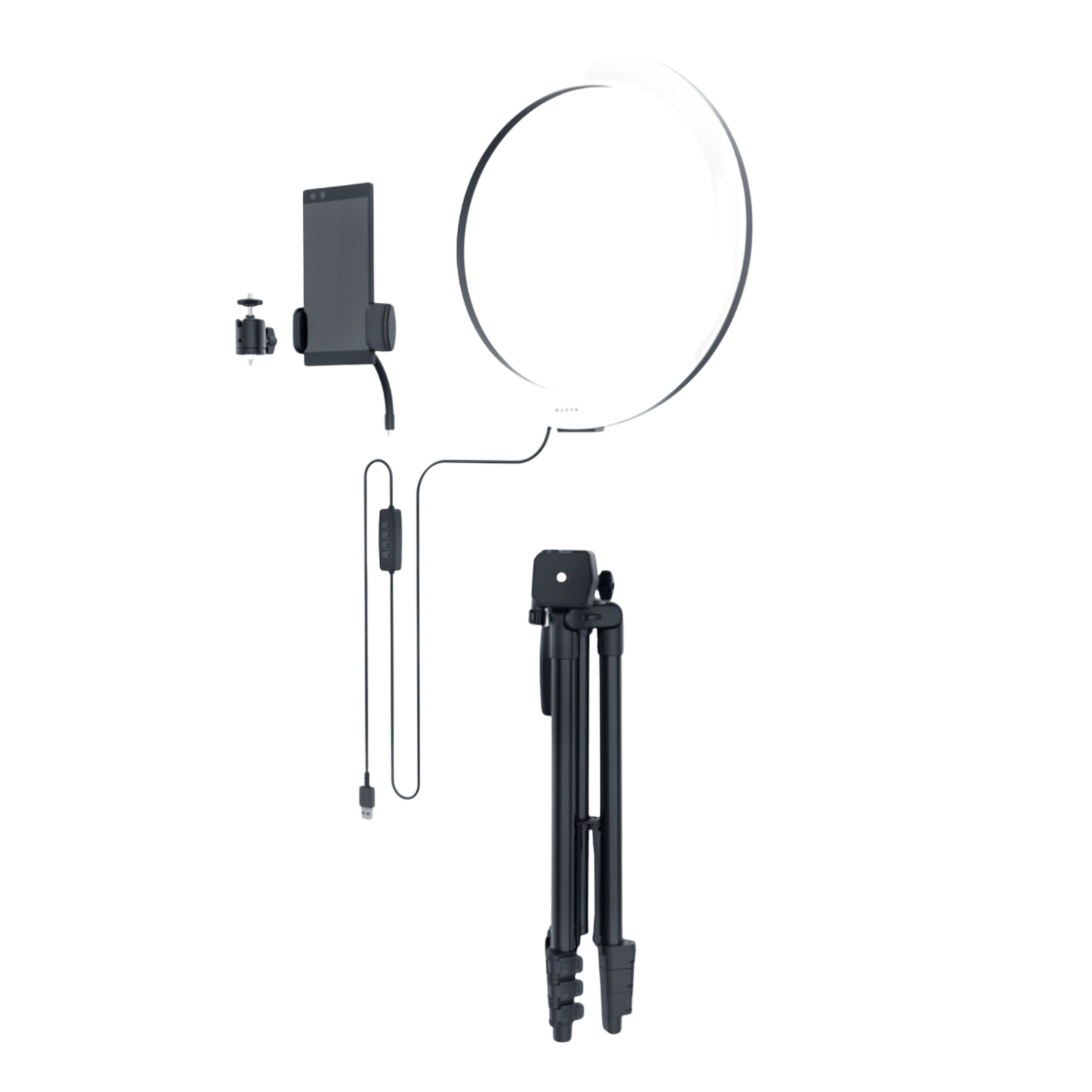 Trípode y aro de luz negros, con soporte para teléfono y cables conectados sobre fondo negro.