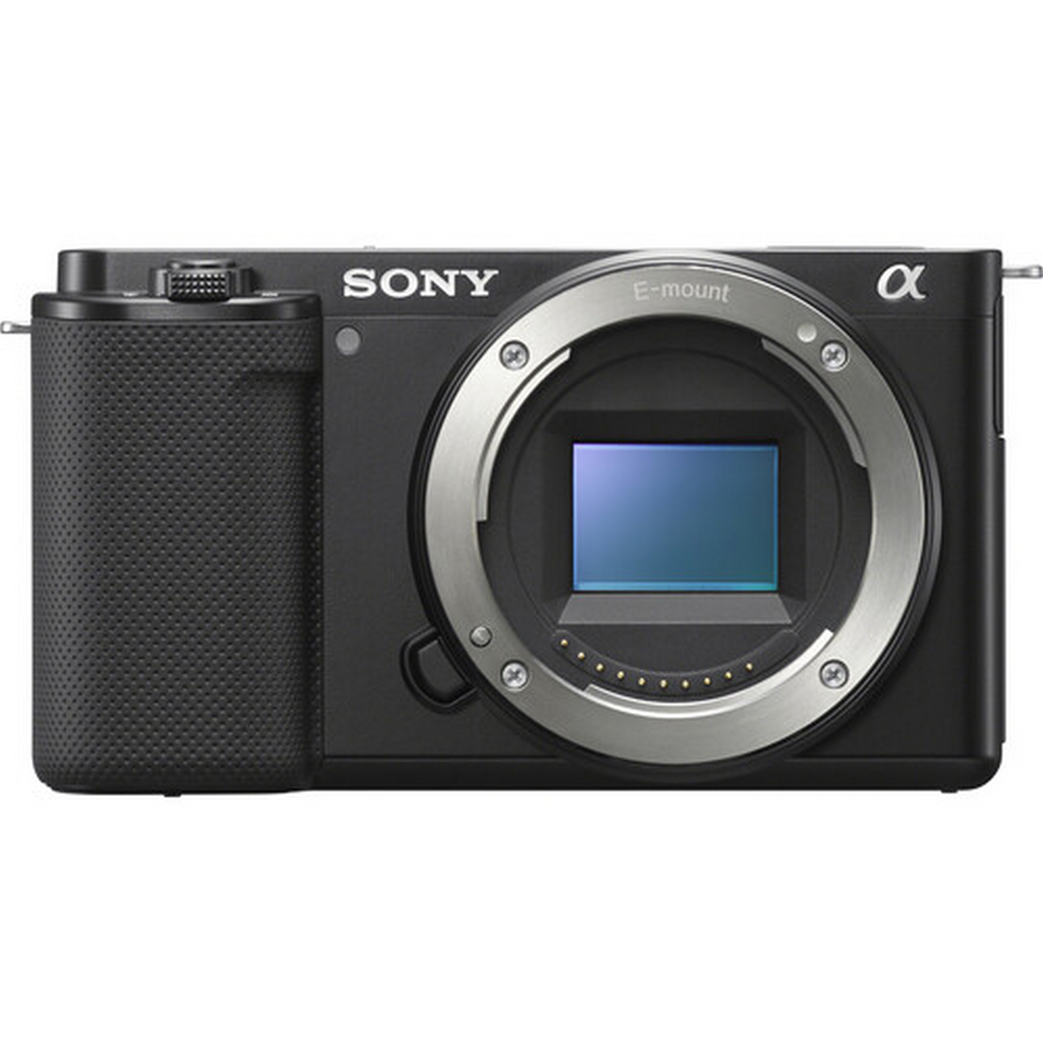 Cámara Sony negra con lente y montura E. El cuerpo de la cámara está texturizado con una rueda y botones.