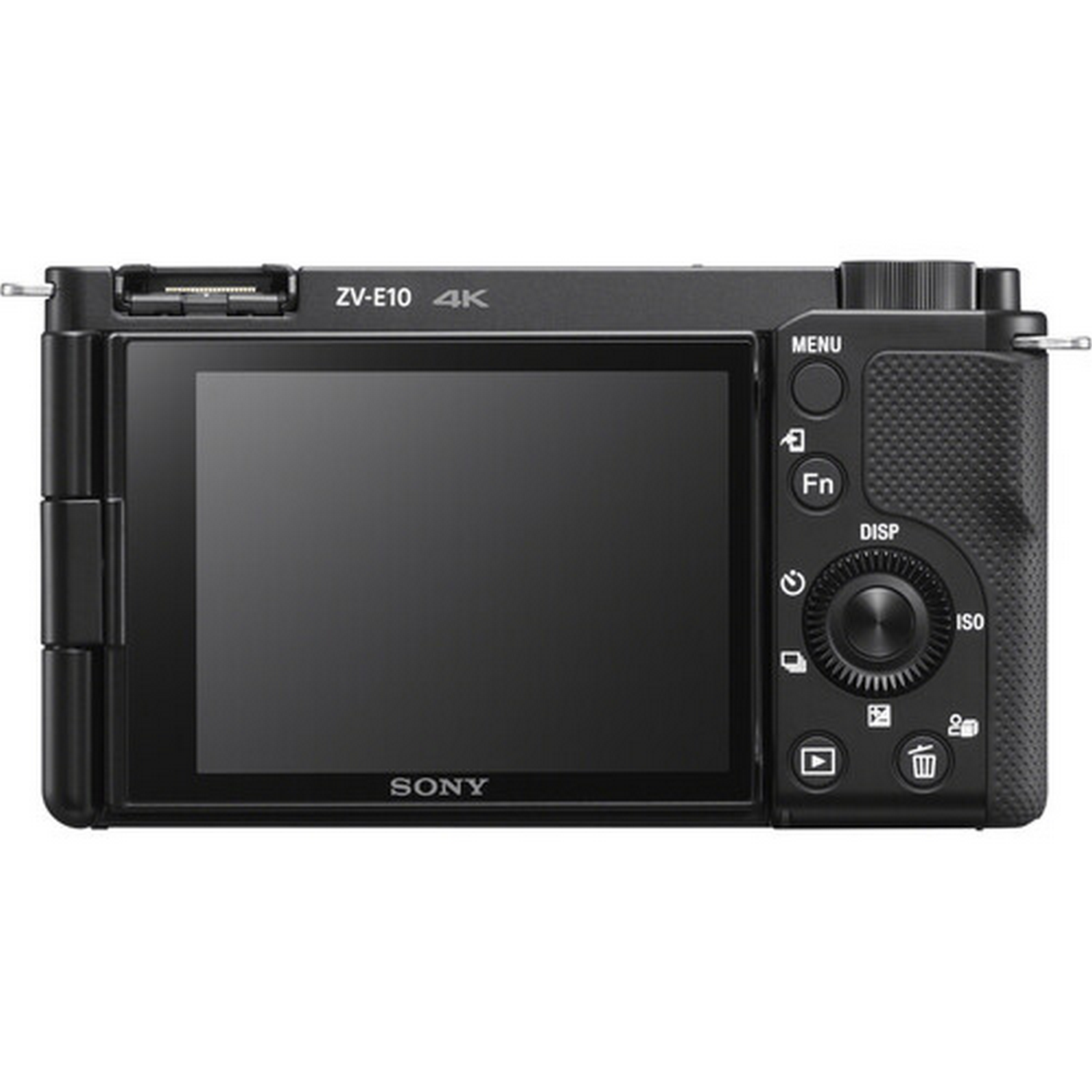 Parte trasera de la cámara negra Sony ZV-E10 4K, con pantalla y controles.