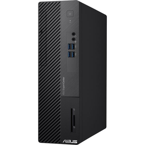 Een zwarte desktopcomputerbehuizing met een voorpaneel met poorten en een aan/uit-knop bovenaan.