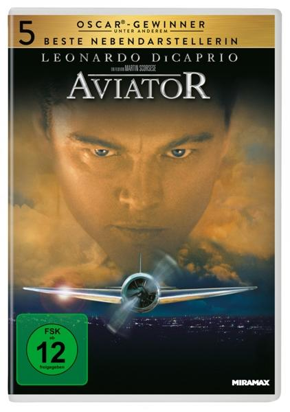 DVD-Hülle des Films 'The Aviator' mit Leonardo DiCaprio. Der Film ist ab 12 Jahren freigegeben.