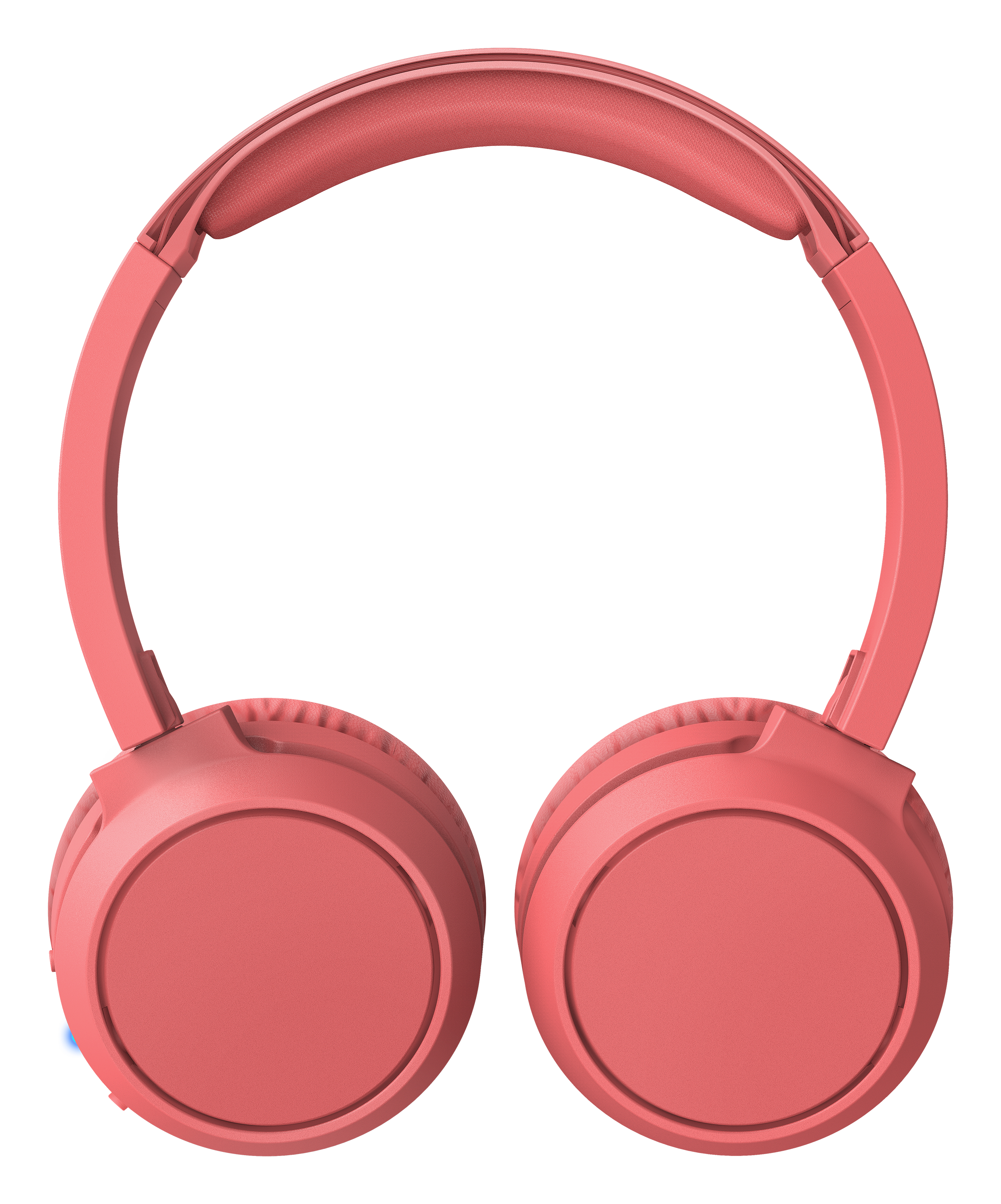 Pembe kulaklık, baş bandı ve kulaklık başlıklarıyla. Tasarım modern ve aerodinamik.