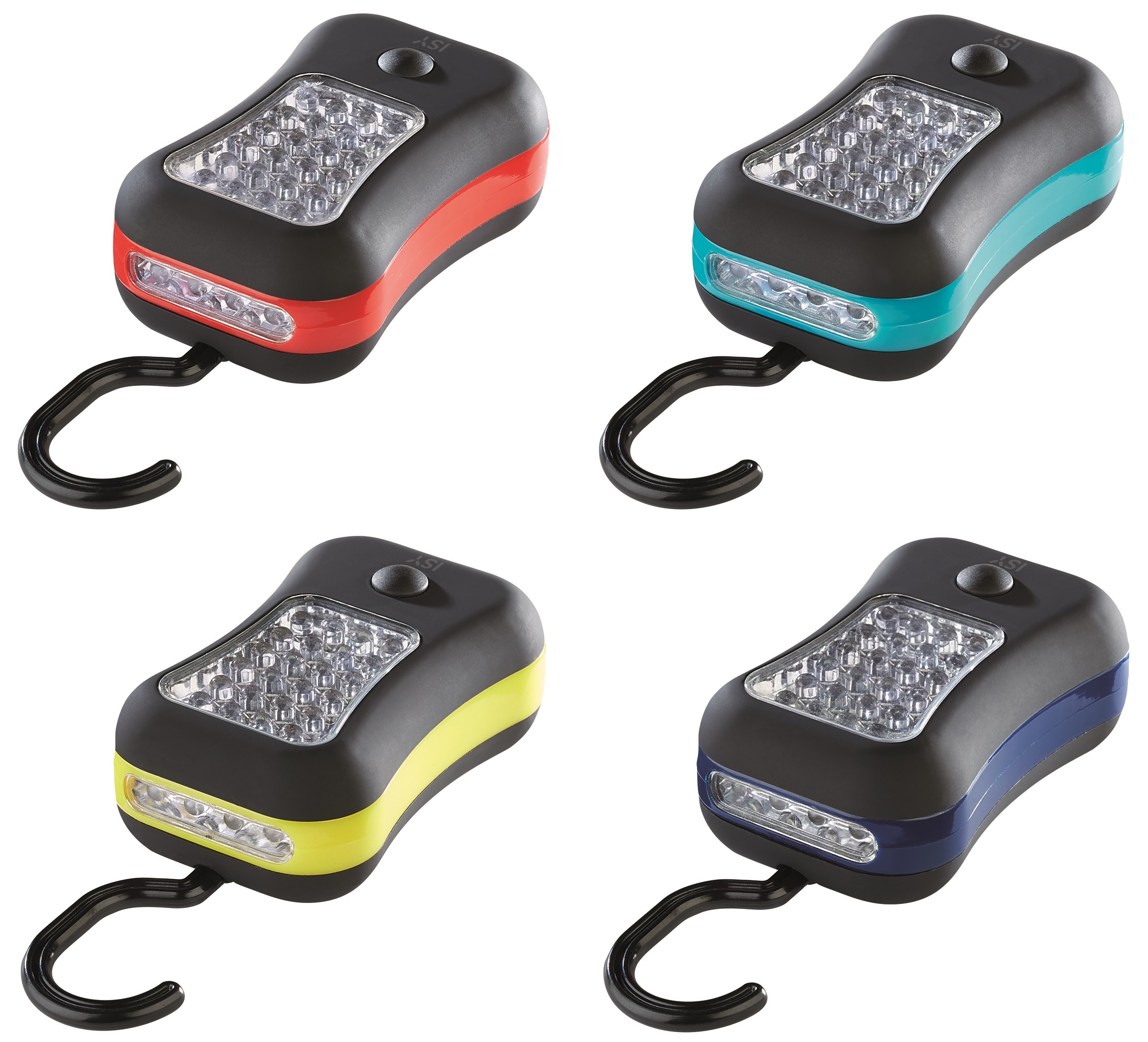 Quatre lampes de poche de différentes couleurs : rouge, turquoise, jaune et bleu. Chacune avec un crochet noir.