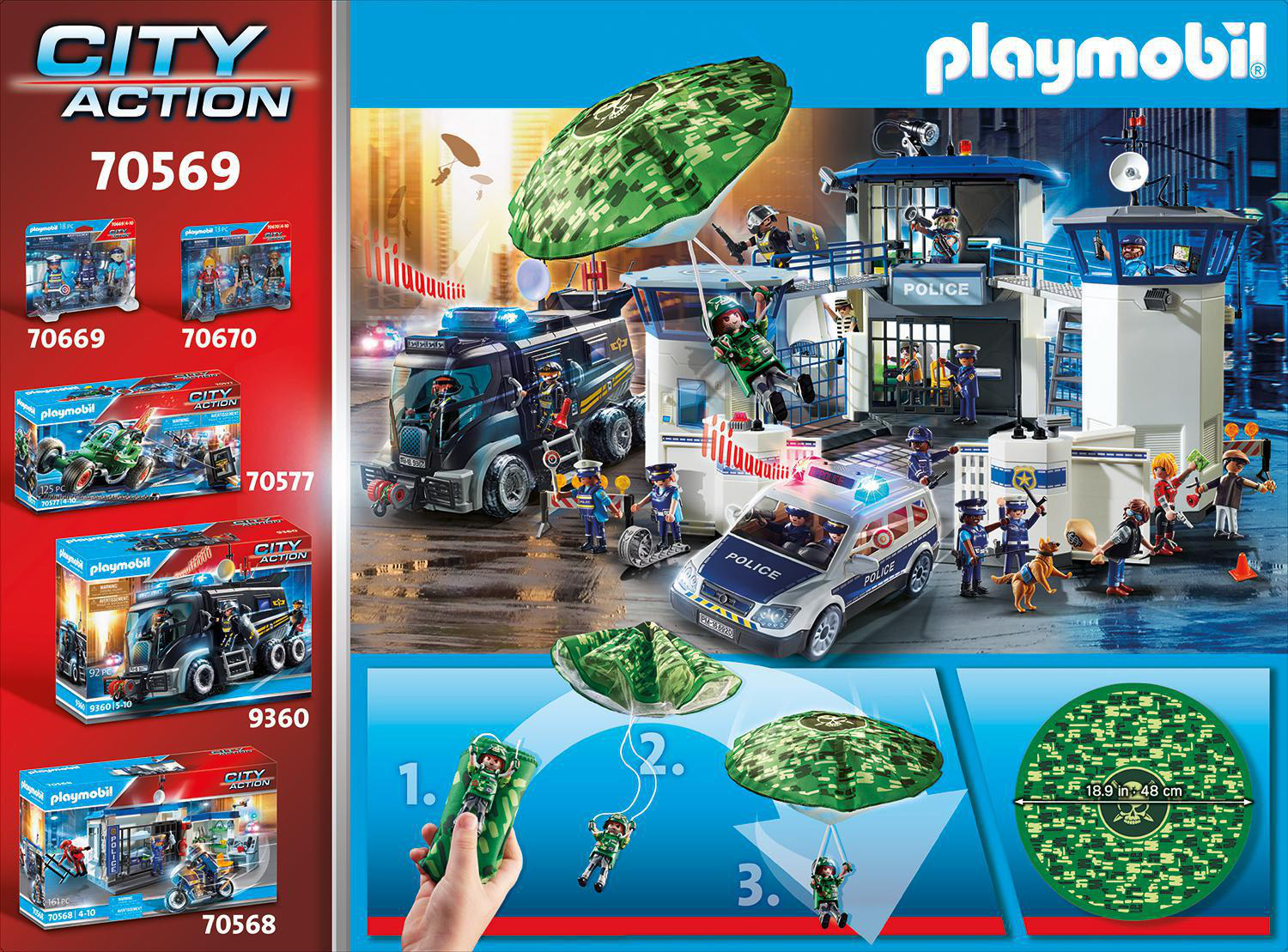 Playmobil City Action Set. Enthält Polizeistation, Fahrzeuge, Figuren und Zubehör. Mehrere Kartons werden gezeigt.
