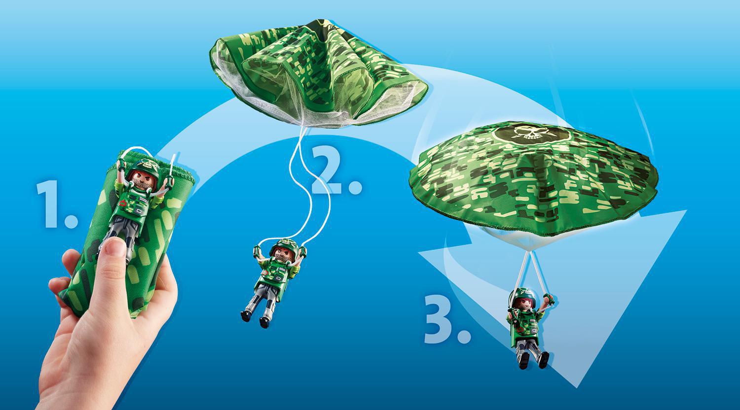 Playmobil-Spielset, das einen Soldaten zeigt, der sich von einem grünen Tarnschirm abseilt.
