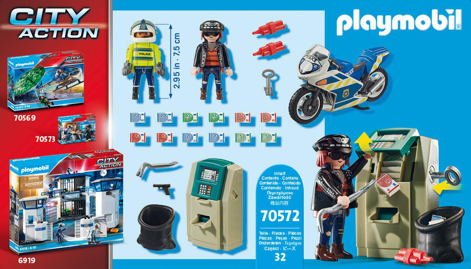 Playmobil-Set mit Polizeifiguren, Motorrad, Geldautomaten, Geld und Boxen. Enthält Polizeistation und Zubehör.