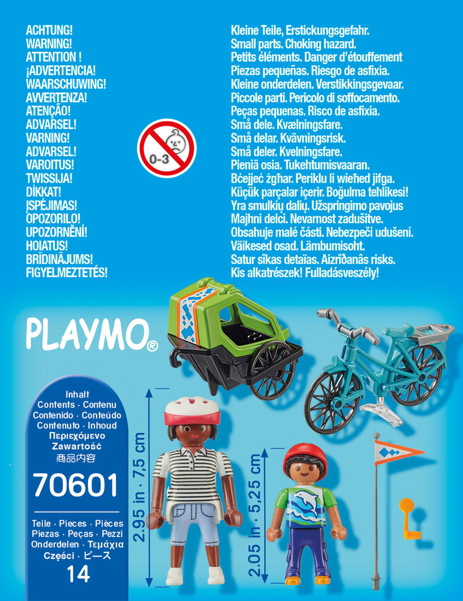 Playmobil Spielzeug-Set mit Figuren, Dreirad, Fahrrad und Warnhinweisen in mehreren Sprachen an der Seite.