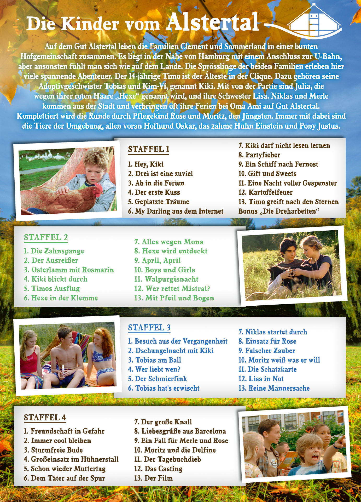 Poster mit einer Reihe von Bildern und Text. Enthält Bilder von Kindern und Szenen aus einer TV-Show.