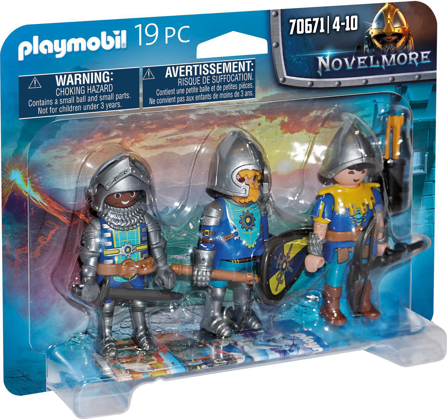 Playmobil-Set: Drei Spielzeugritter in Rüstung, verpackt. Warnhinweise sichtbar. Die Ritter sind blau, silber und gelb.