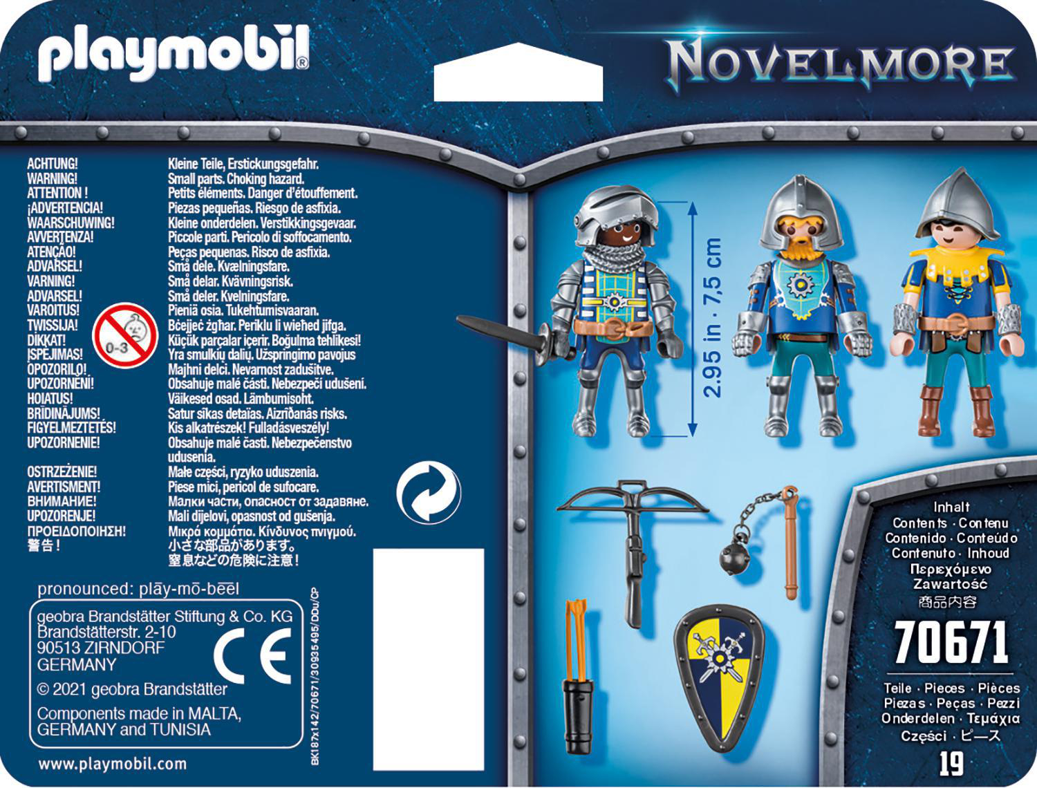 Playmobil Novelmore-Box mit 3 Ritterfiguren, Schild, Armbrust und Zubehör. Blau und Gelb dominieren.