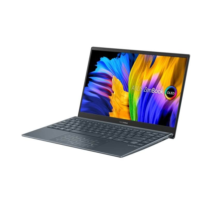 Laptop Asus Zenbook. Azul oscuro, abierto, con pantalla colorida, teclado y panel táctil.