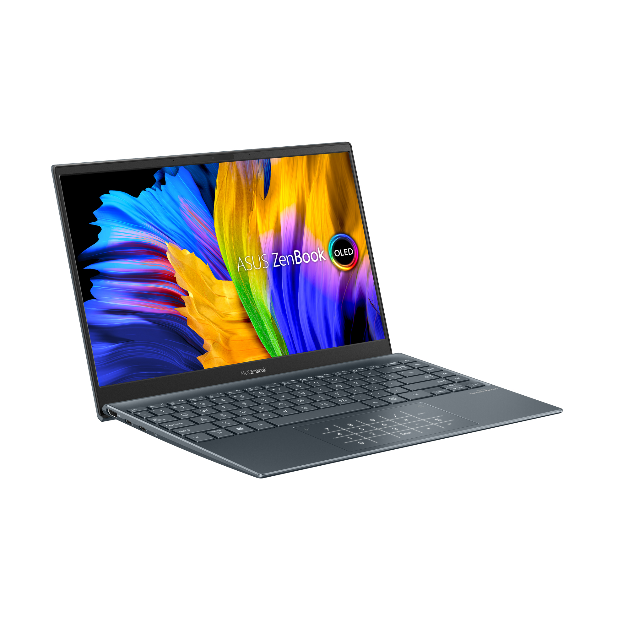 Una laptop ASUS Zenbook con pantalla OLED abierta, mostrando gráficos coloridos.