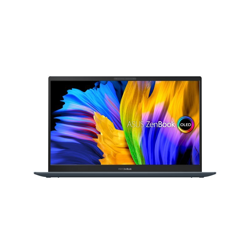 Un portátil azul con una pantalla brillante. La pantalla muestra una imagen colorida.