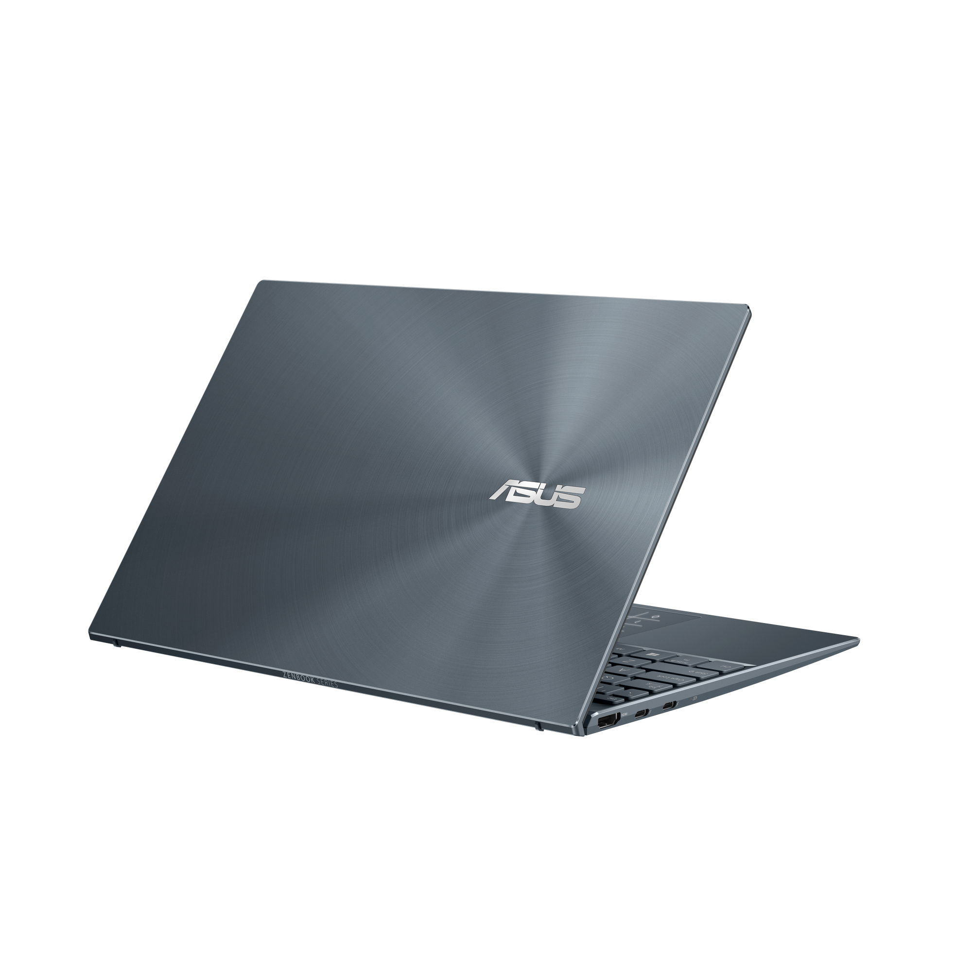 Un portátil ASUS azul oscuro, mostrando su parte trasera con el logo ASUS.