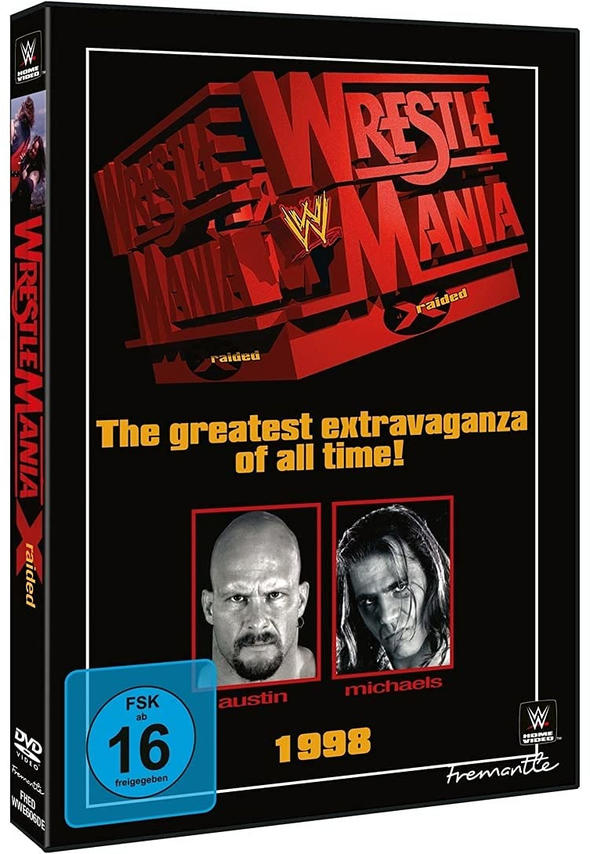 DVD-Cover für Wrestlemania. Mit Austin und Michaels. Rotes und schwarzes Design mit dem Event-Logo.