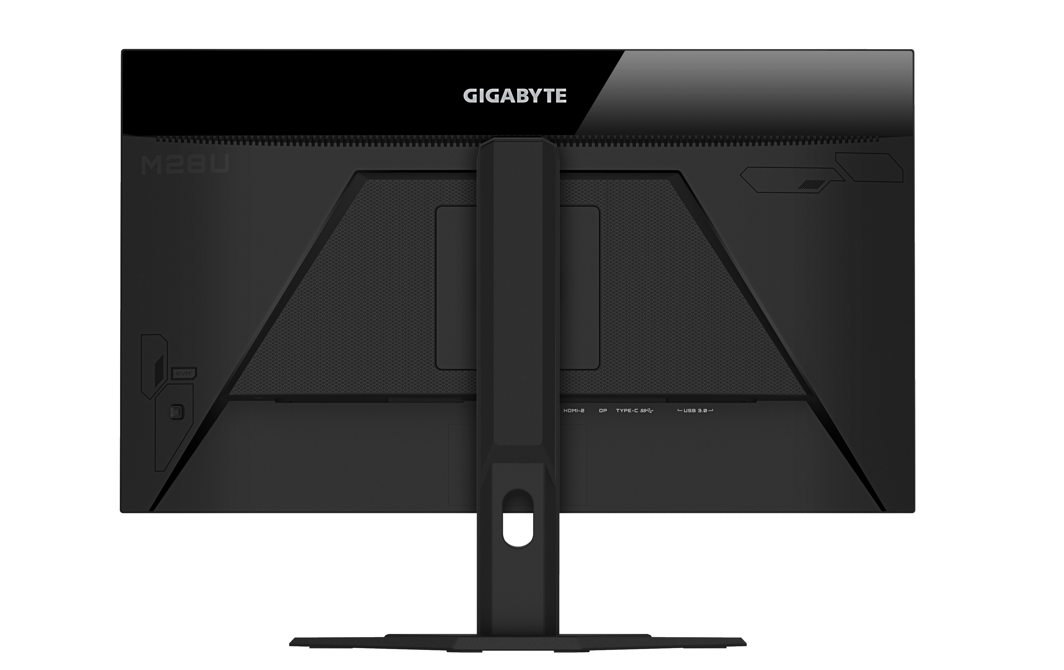 Die Rückseite eines schwarzen Computermonitors mit dem Markennamen GIGABYTE oben.