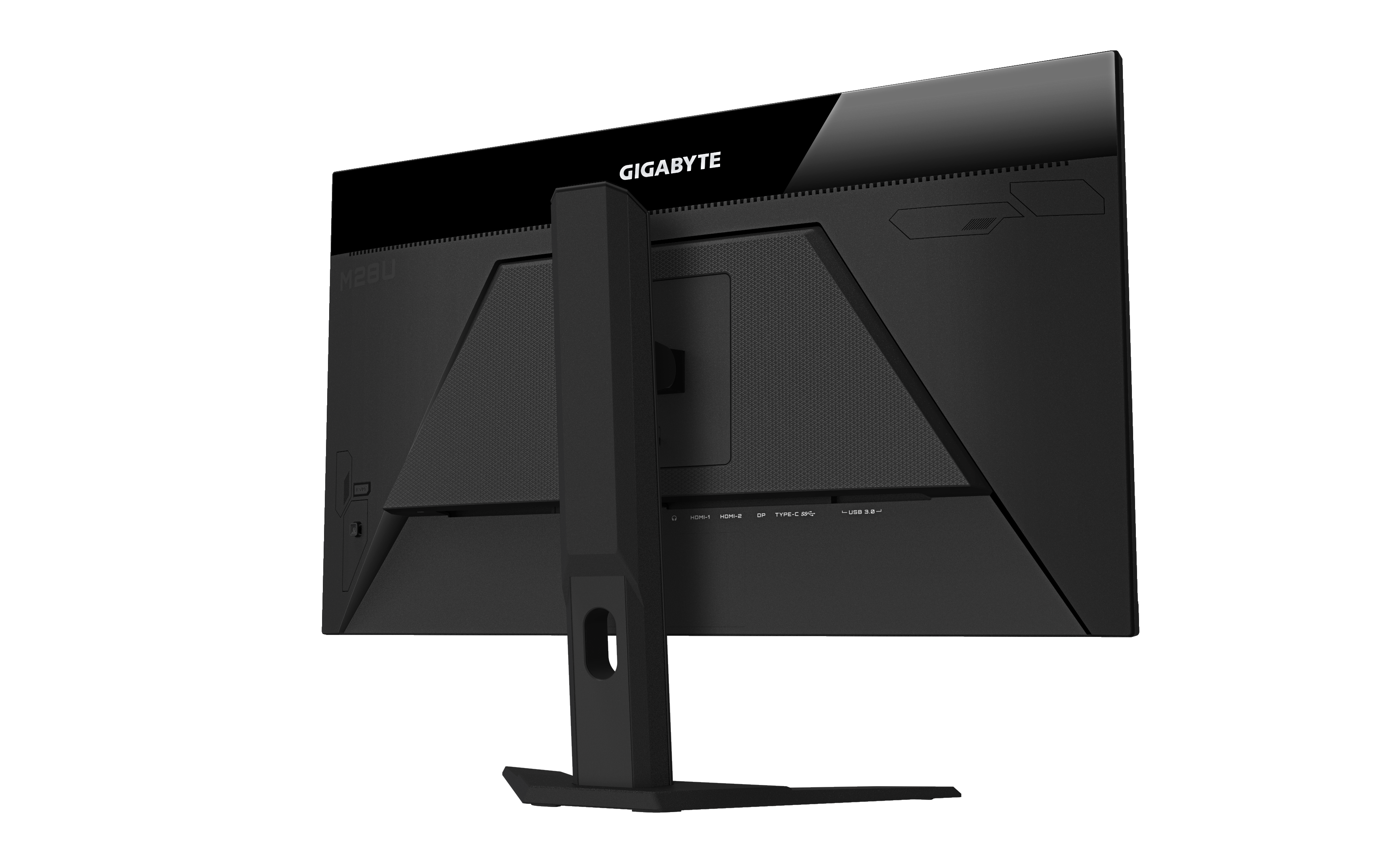 Schwarzer Computermonitor-Rücken mit Ständer. Enthält Anschlüsse, Gigabyte-Logo und Modellinfo. Schwarzer HG.