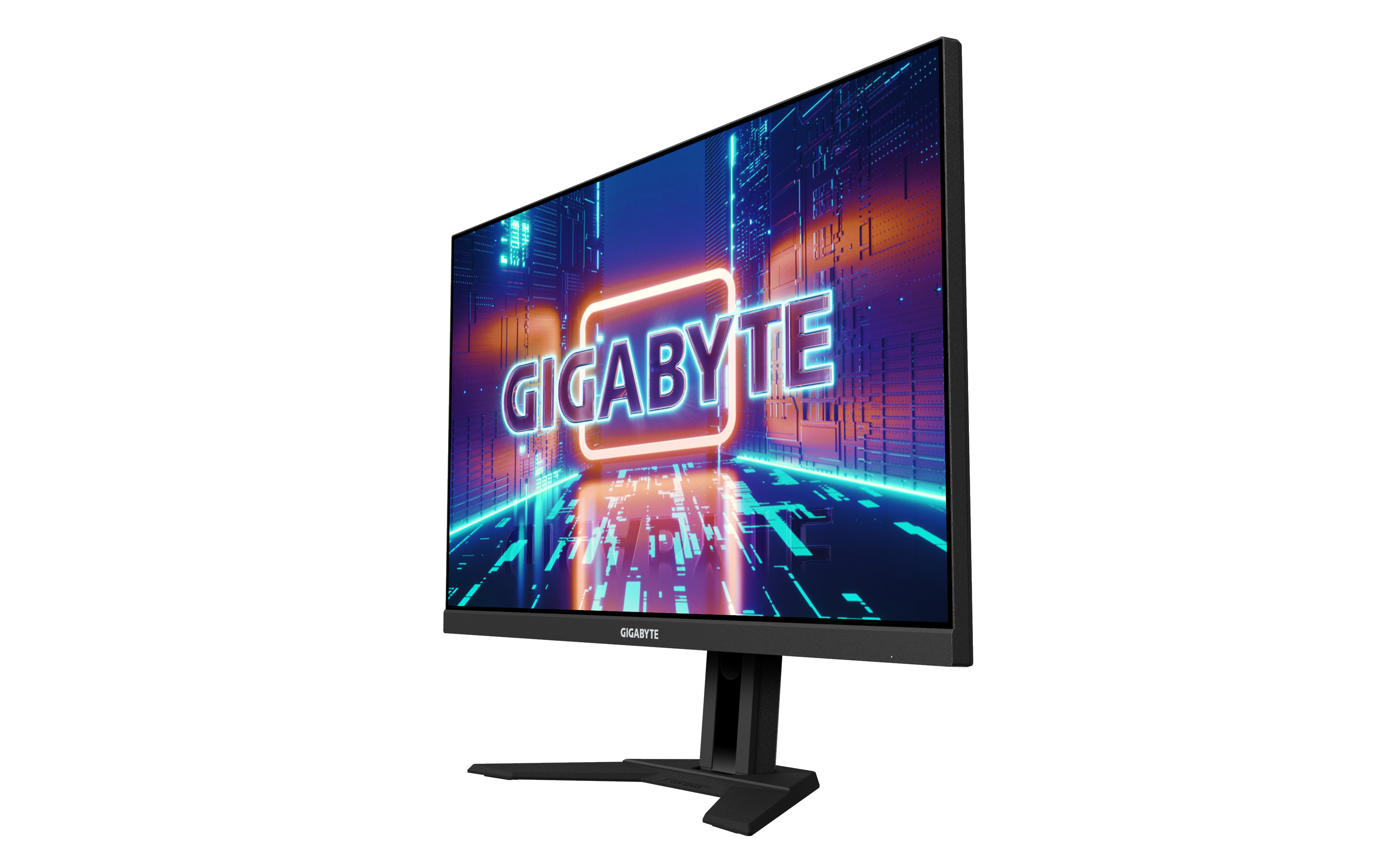 Ein schwarzer Gigabyte Gaming-Monitor mit Markenlogo auf dem Bildschirm.