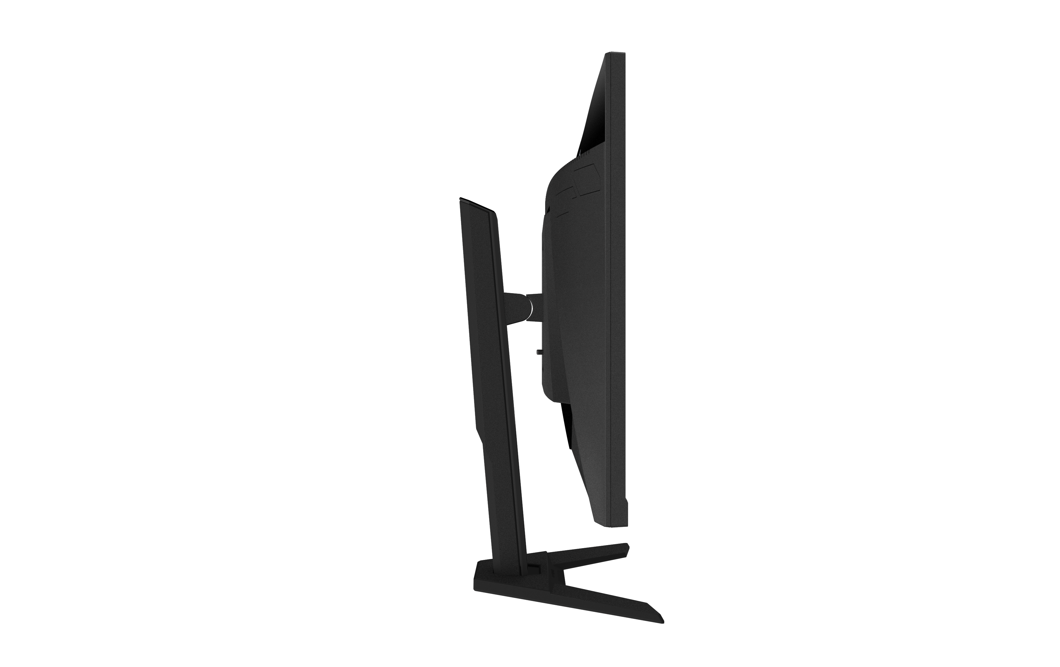 Seitenansicht eines schwarzen Computermonitors auf einem Ständer. Der Hintergrund ist komplett schwarz.