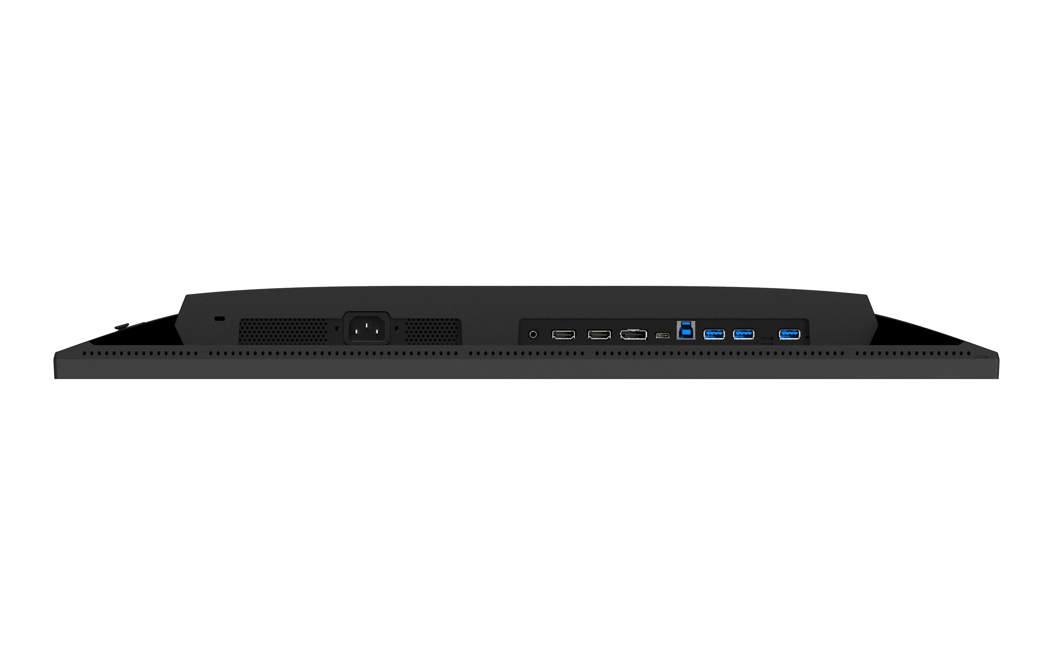 Die Unterseite eines schwarzen Monitors mit verschiedenen Anschlüssen. Stromanschluss, HDMI, USB und andere Anschlüsse sind sichtbar.