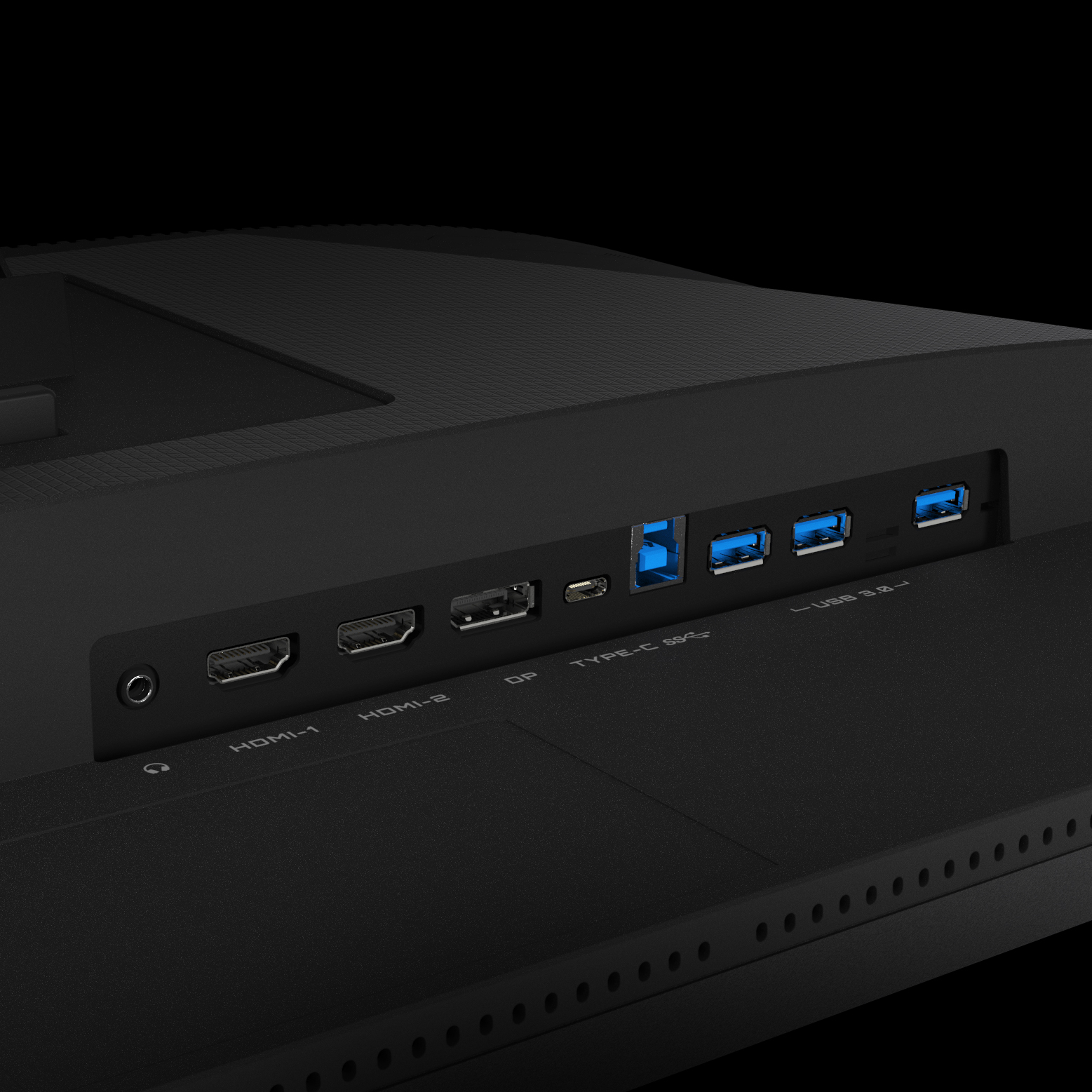 Nahaufnahme der Rückseite eines schwarzen Monitors mit Anschlüssen, einschließlich HDMI, USB und Typ-C.