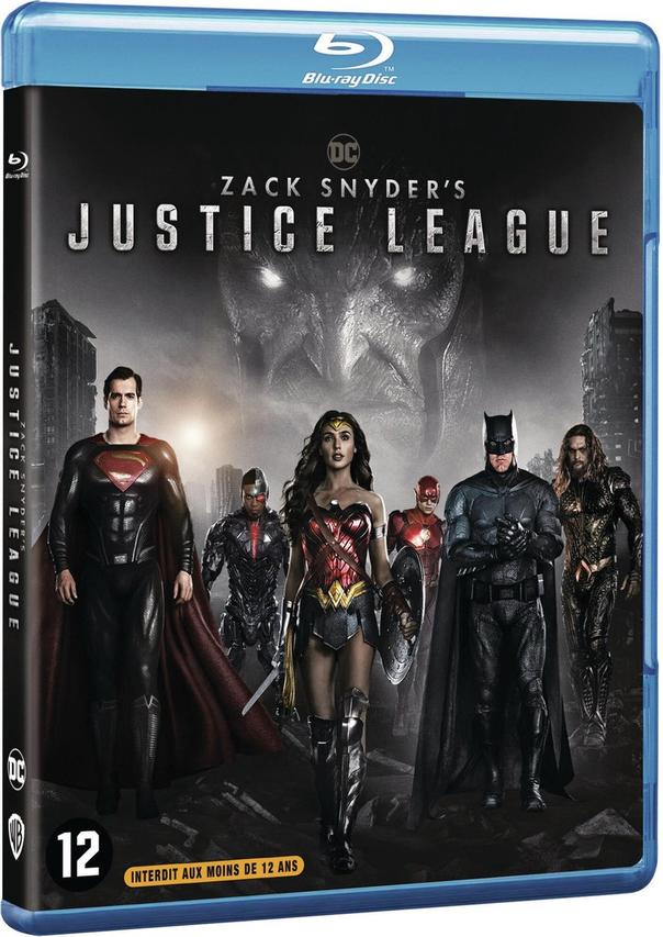 Couverture du disque Blu-ray de Justice League avec des personnages au premier plan et un fond sombre.