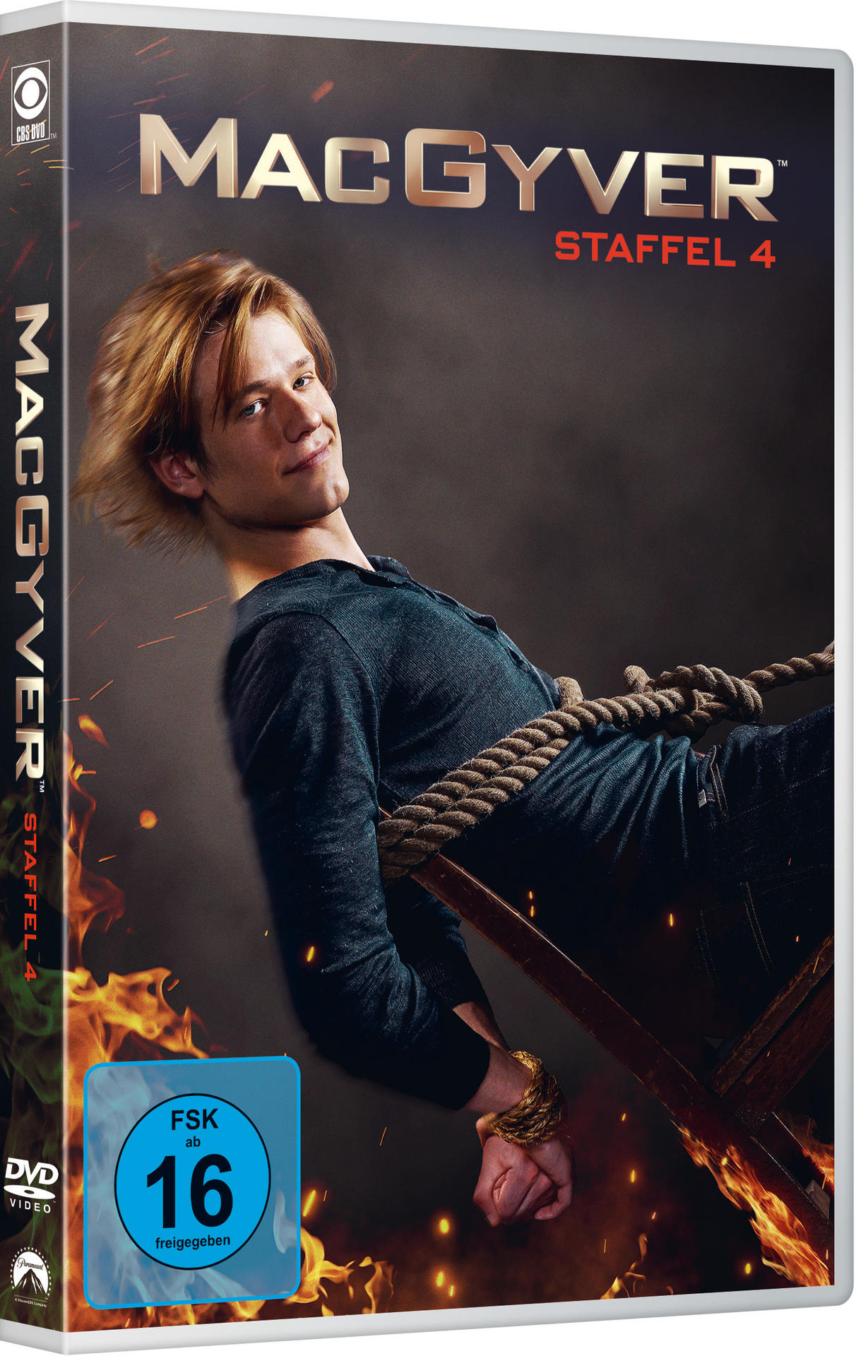 MacGyver Staffel 4 DVD-Cover, mit einem gefesselten und lächelnden Mann.