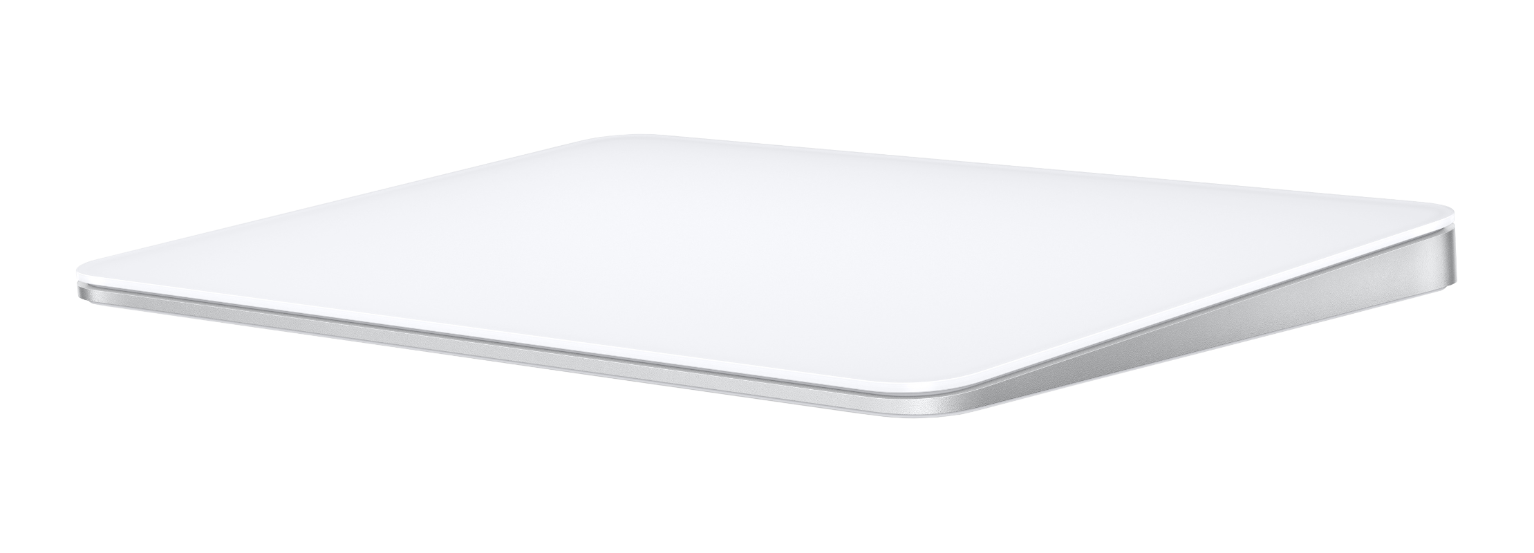 Weißes Apple Magic Trackpad auf schwarzem Hintergrund. Es ist ein flaches, rechteckiges Gerät.