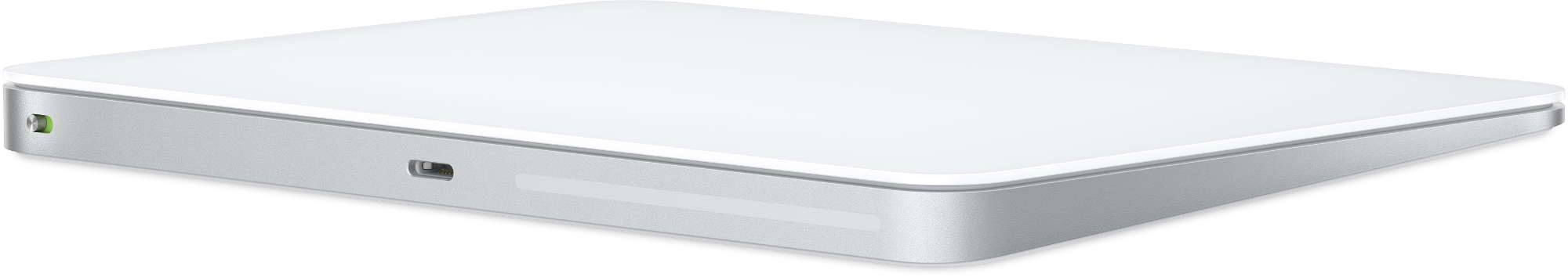 Weißes Apple Magic Trackpad, schlankes Design, auf weißem Hintergrund.