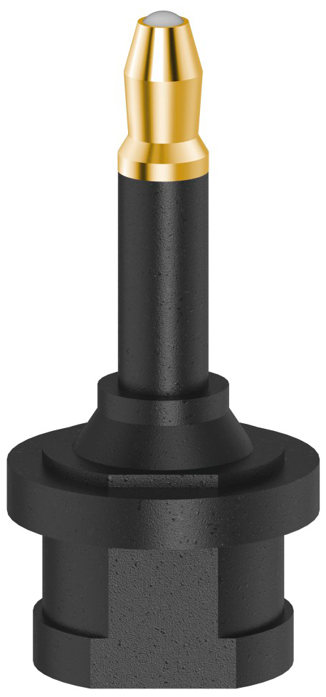 Optische audio connector met een zwarte basis en een goudkleurige punt.