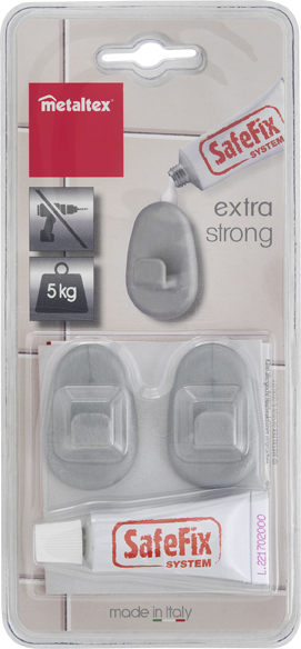 Csomagolás két fali horoggal és egy tubus ragasztóval, a szöveg SafeFix System.