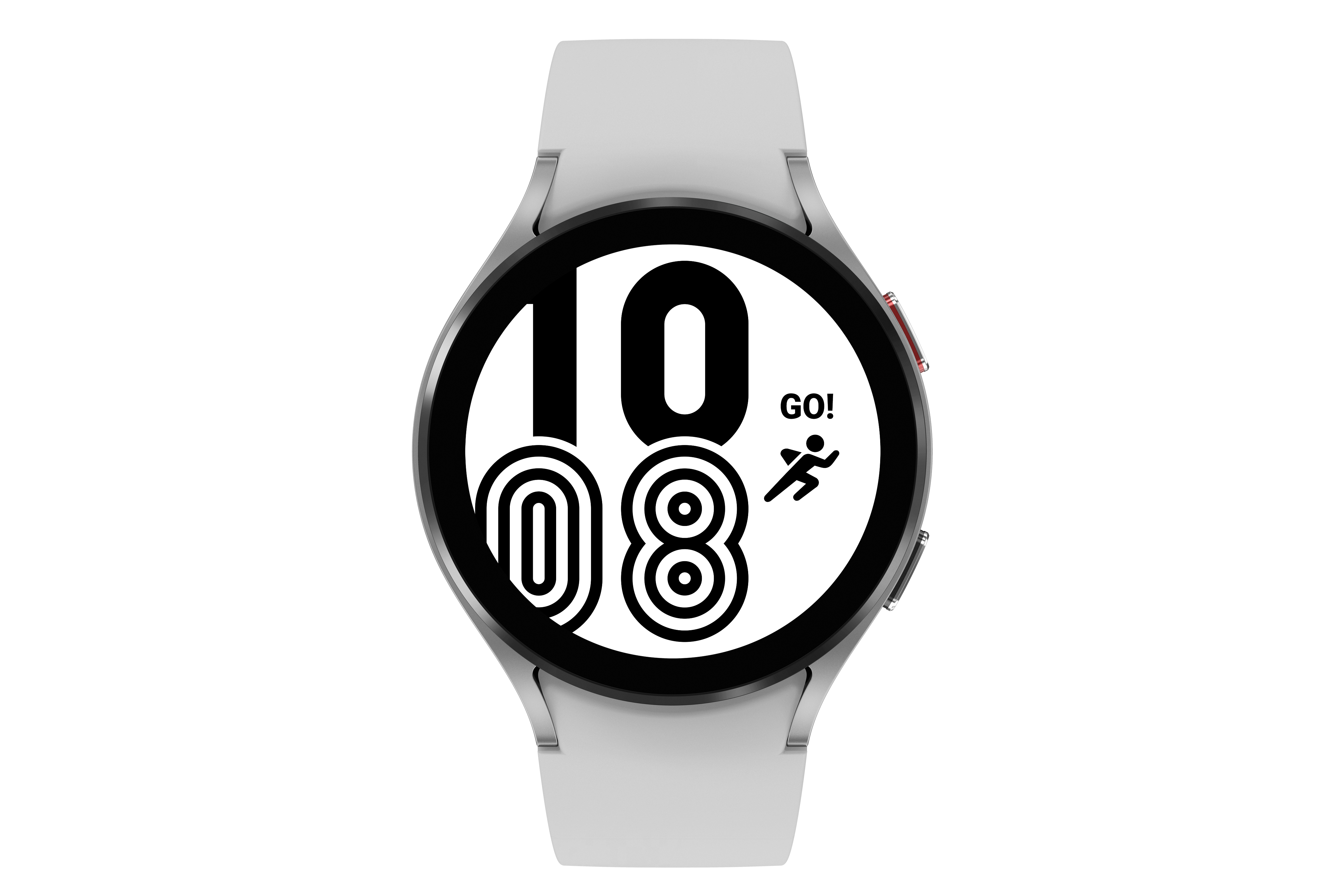 Eine weiße Samsung Galaxy Watch mit digitaler Anzeige, die die Uhrzeit und ein Laufsymbol zeigt.