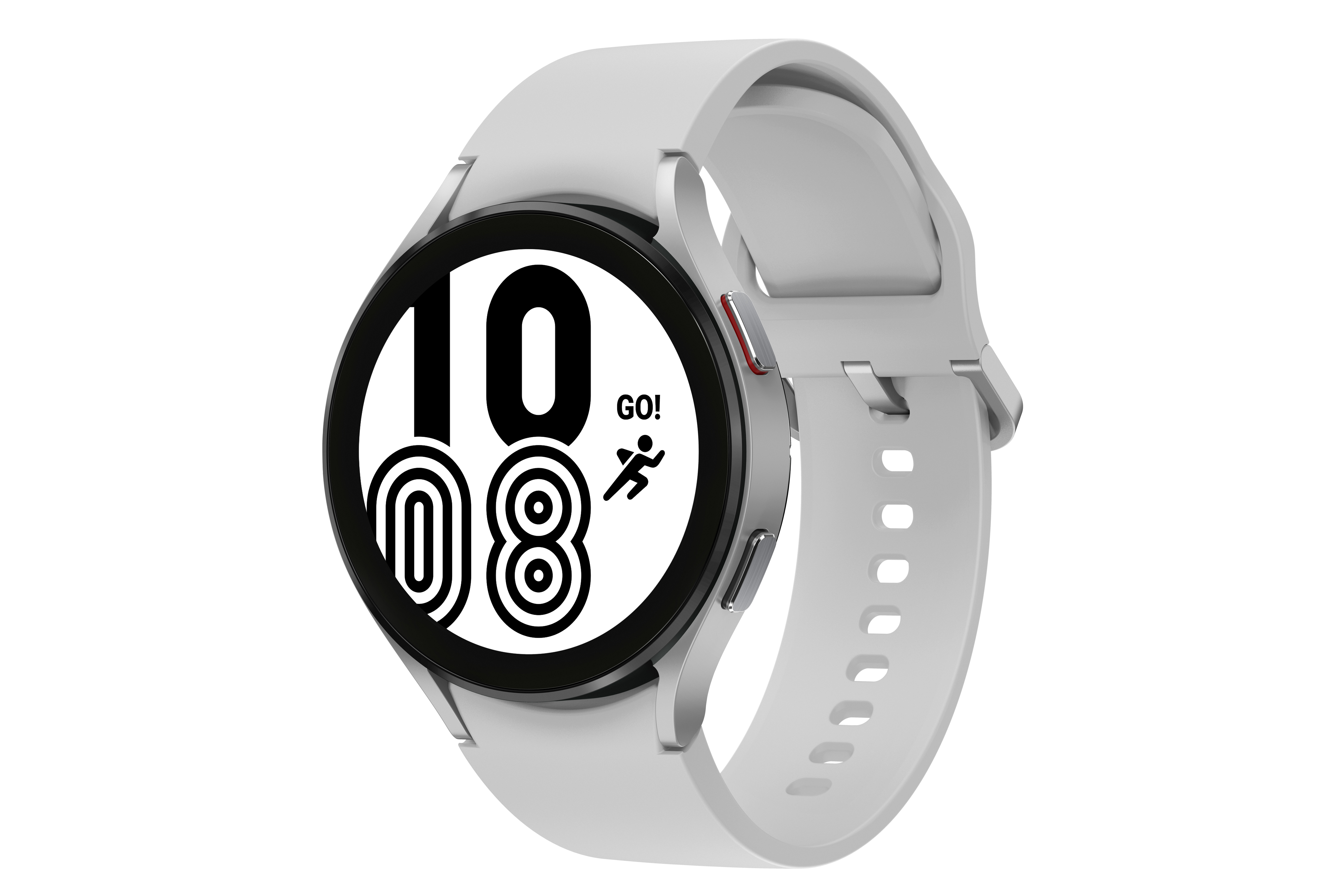Weiße Smartwatch mit digitaler Anzeige, die Zeit und ein Laufsymbol zeigt, weißes Armband. Isoliert auf weißem Hintergrund.