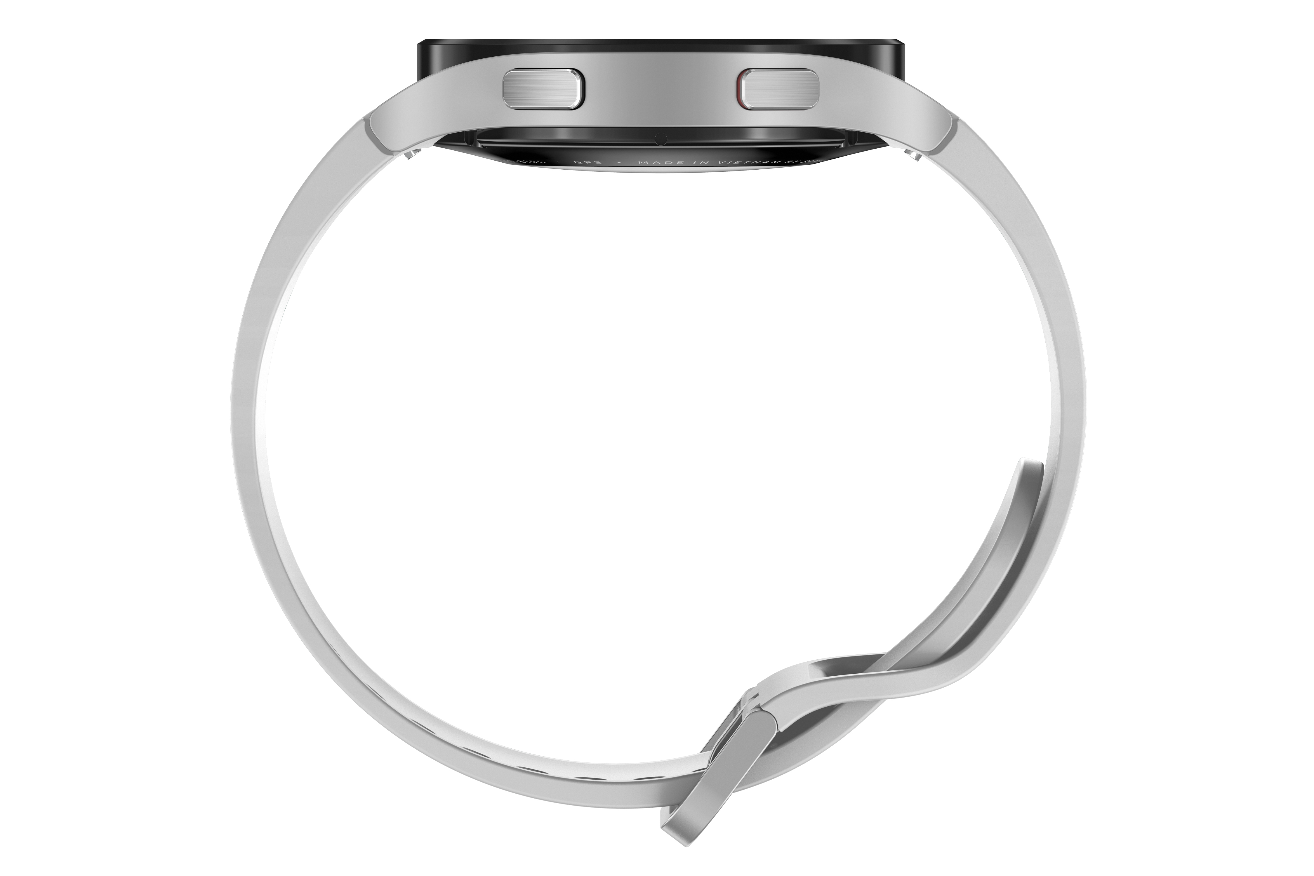 Smartwatch von der Seite, weißes Armband, schwarzer Bildschirm, silbernes Gehäuse.