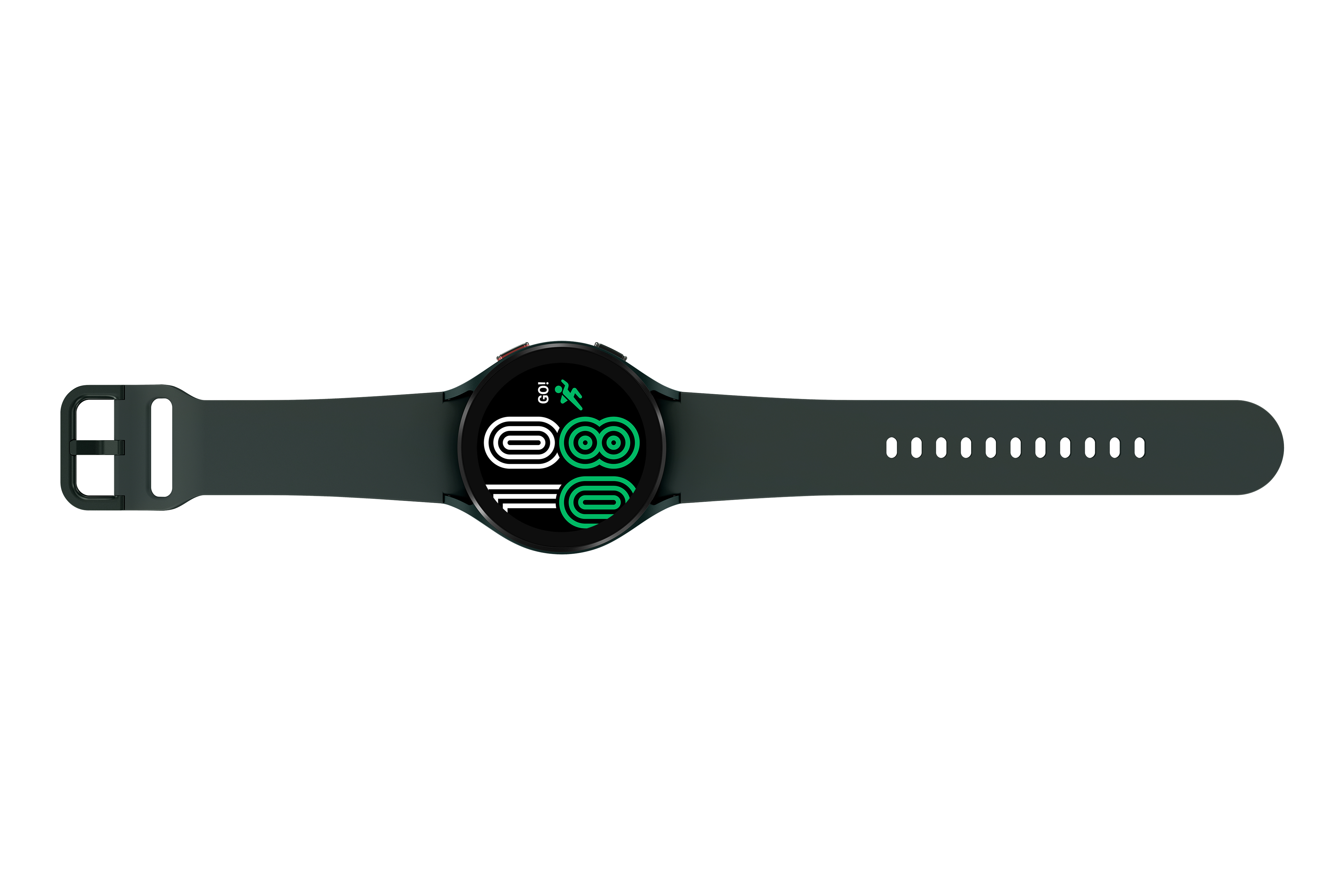 Dunkelgrüne Smartwatch mit schwarzem rundem Zifferblatt und grünem Armband, weißer Hintergrund.