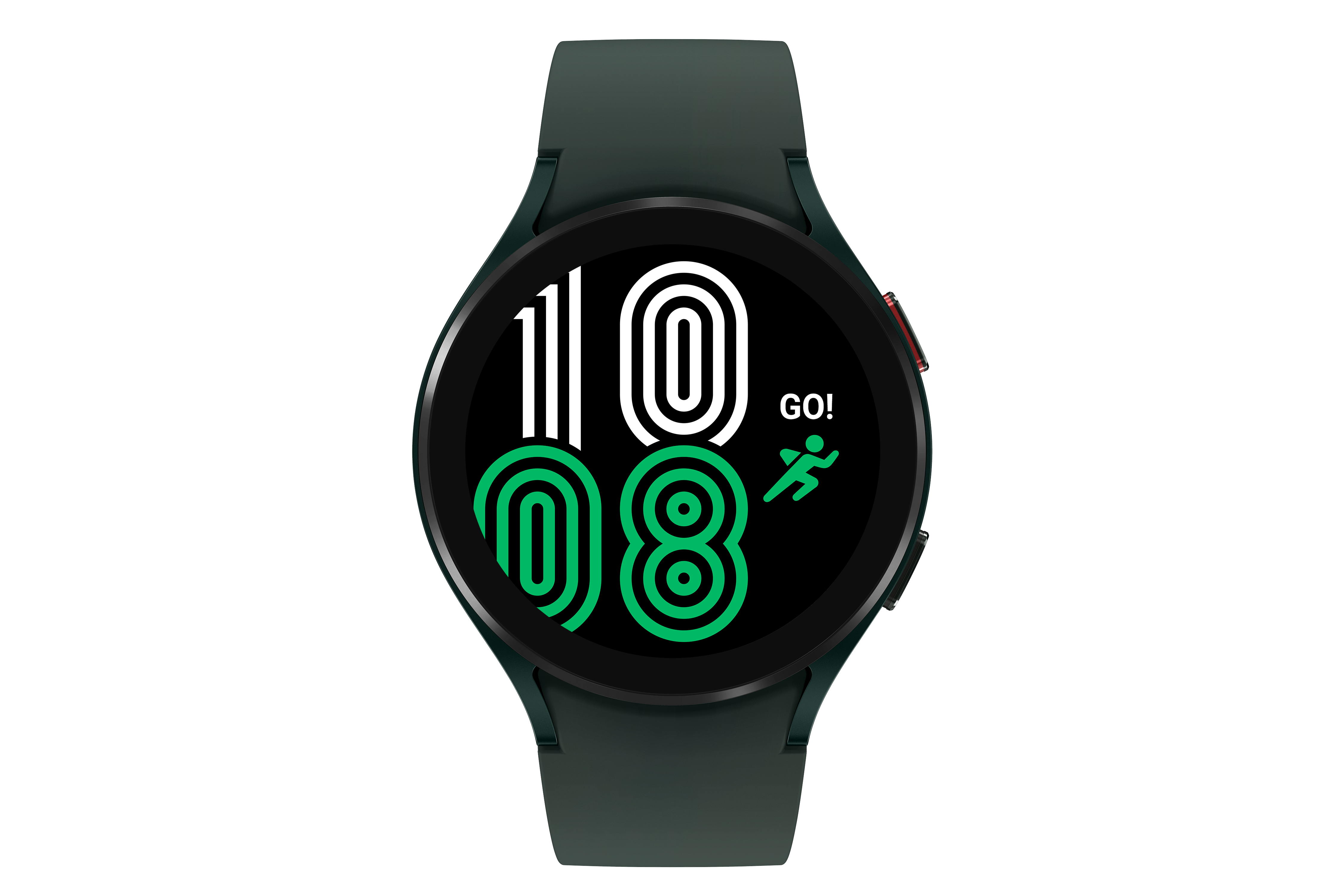 Dunkelgrüne Smartwatch mit schwarzem Bildschirm, der Zeit und Fitness-Metriken anzeigt.