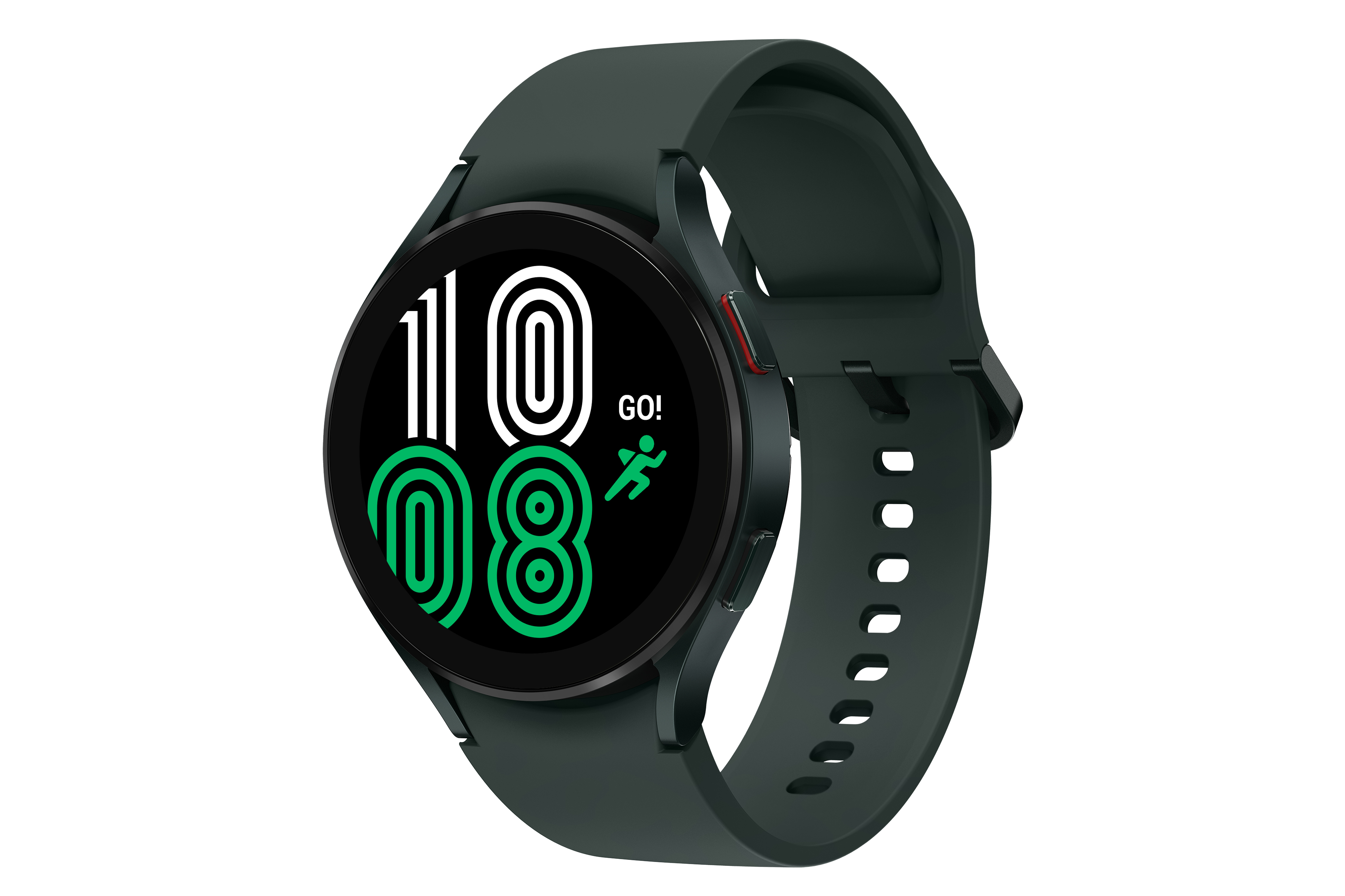 Dunkelgrüne Samsung Smartwatch mit digitaler Anzeige, die die Zeit anzeigt.