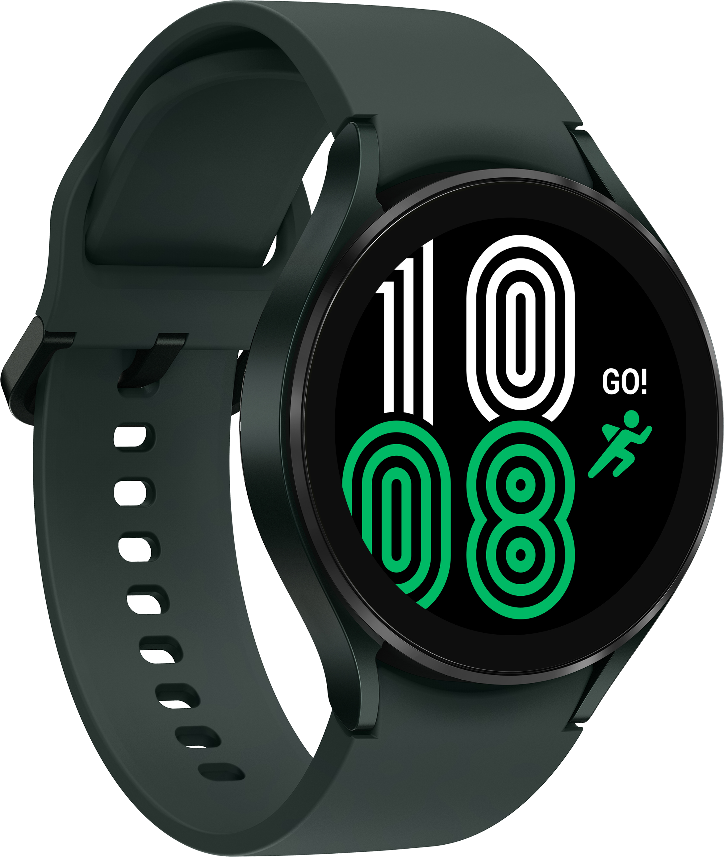 Grüne Smartwatch mit schwarzem Bildschirm und grünen Zahlen. Schwarzer Hintergrund.