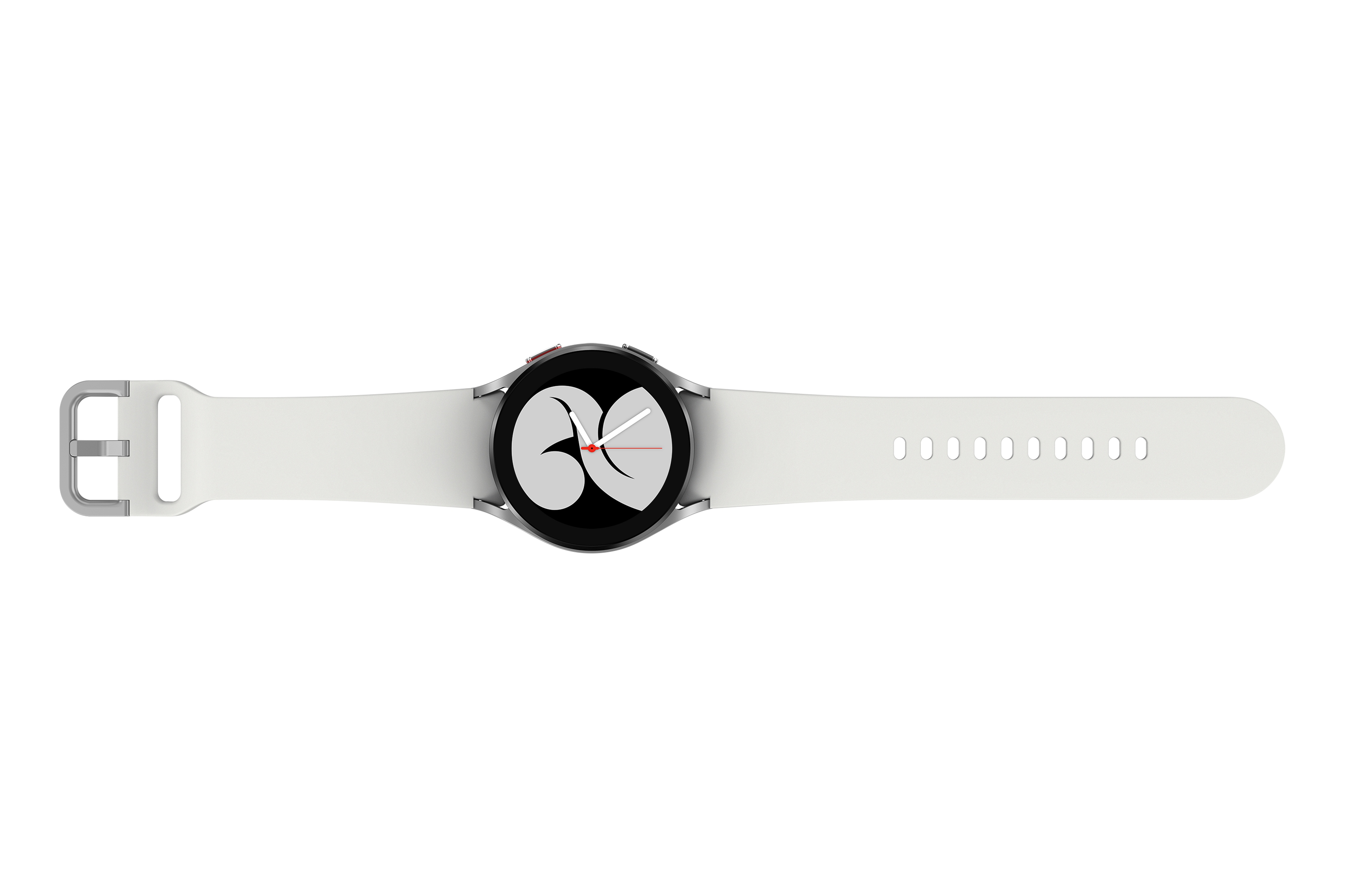 Das Bild zeigt eine Smartwatch mit weißem Armband, Draufsicht.