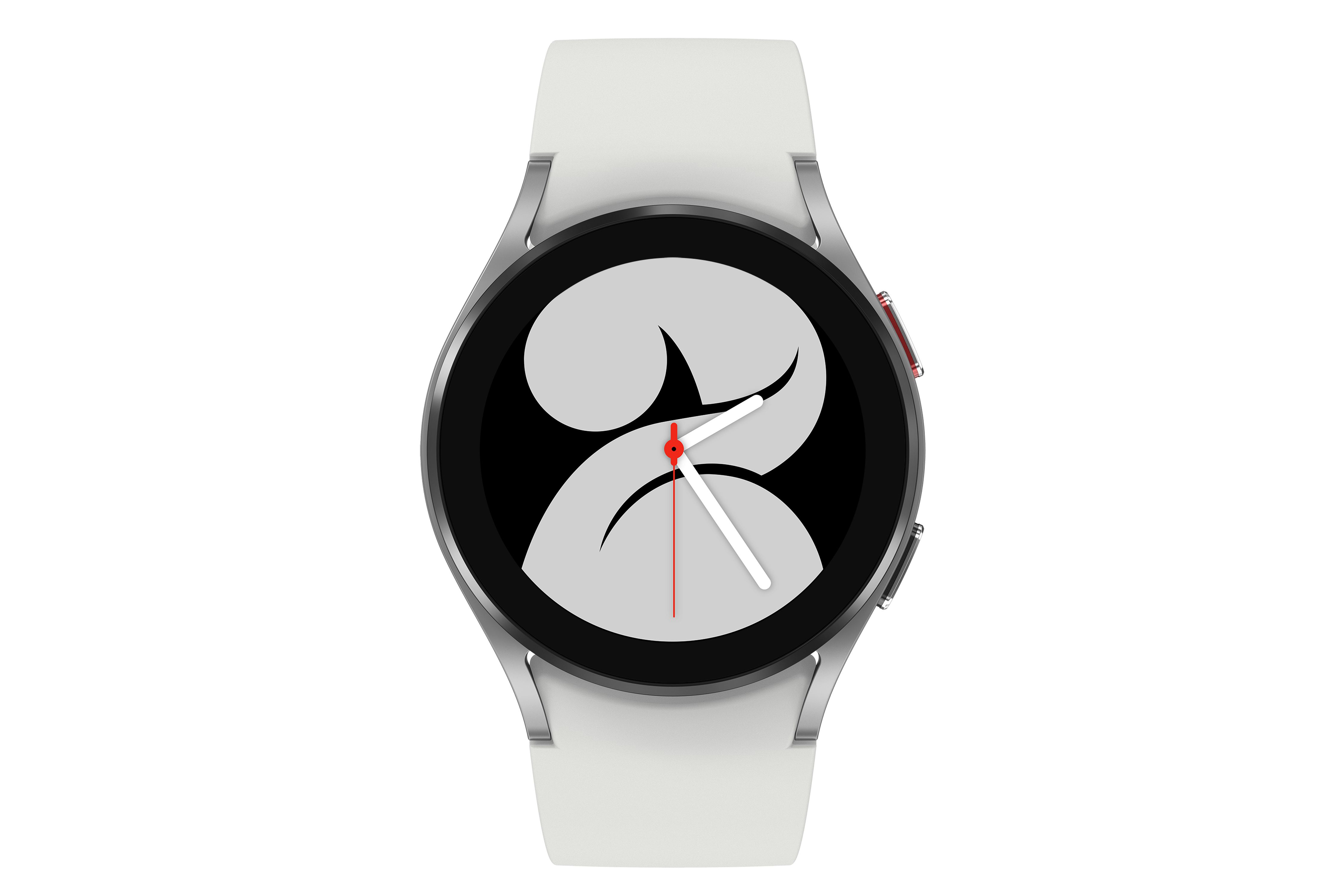 Weiße Samsung Galaxy Watch 4 mit grauem Display, das eine 2 zeigt. Weißer Hintergrund.