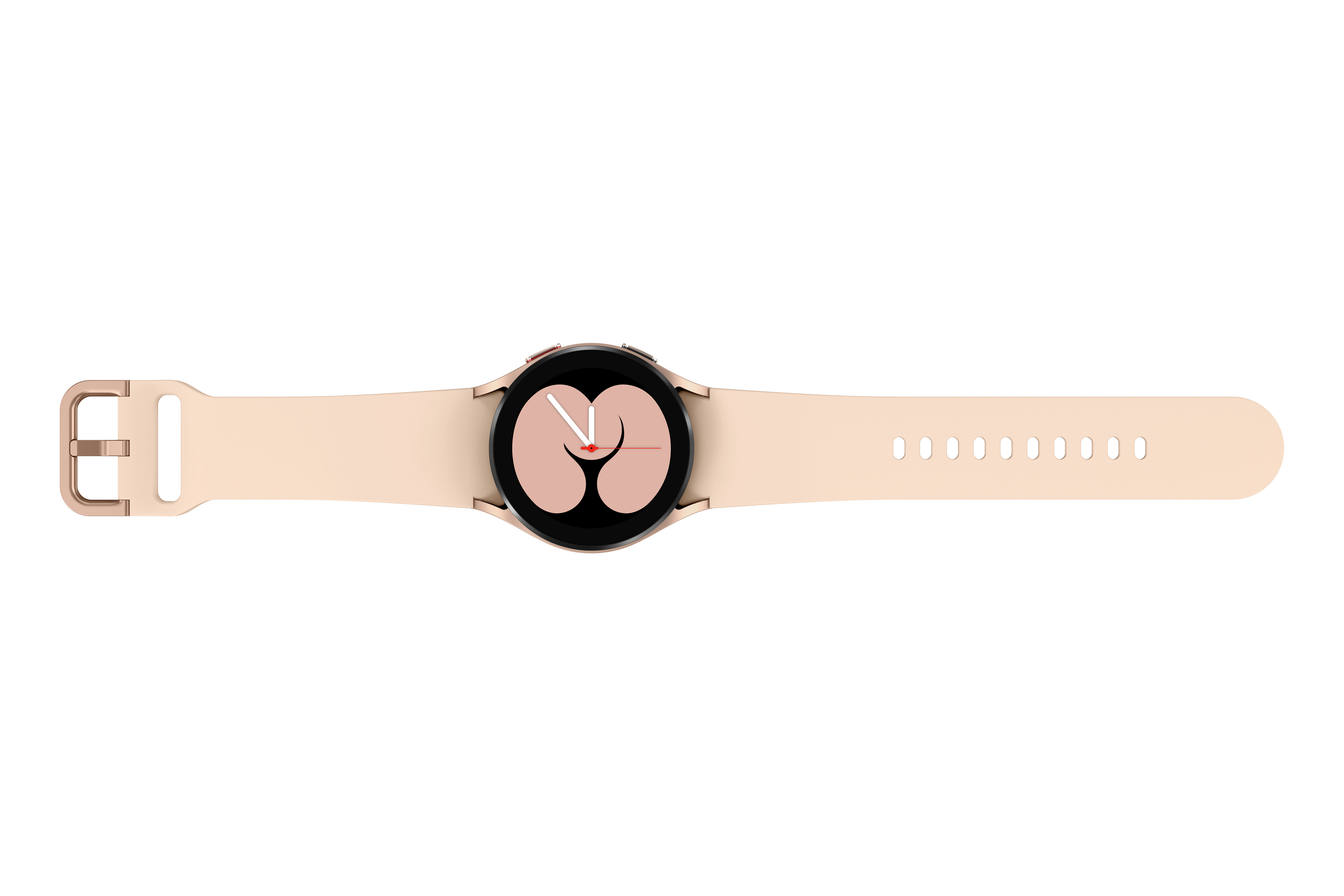 Smartwatch mit hellrosa Armband und schwarzem Zifferblatt, zeigt die Zeit an.